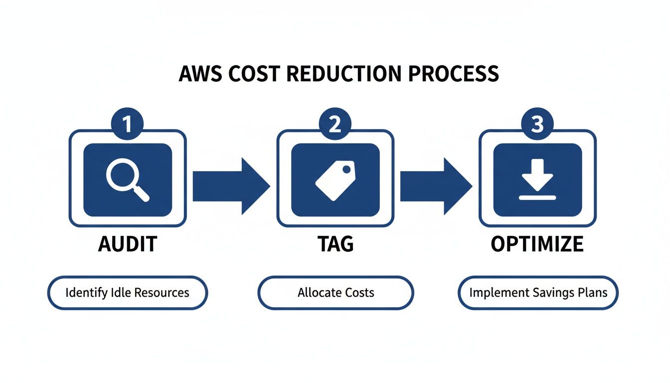 Diagram illustrating the AWS cost reduction process with steps: Audit, Tag, and Optimize for savings.
