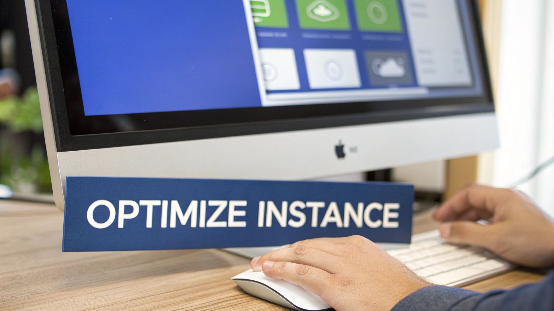 Hands operating an Apple computer with a sign reading 'OPTIMIZE INSTANCE' on a wooden desk.