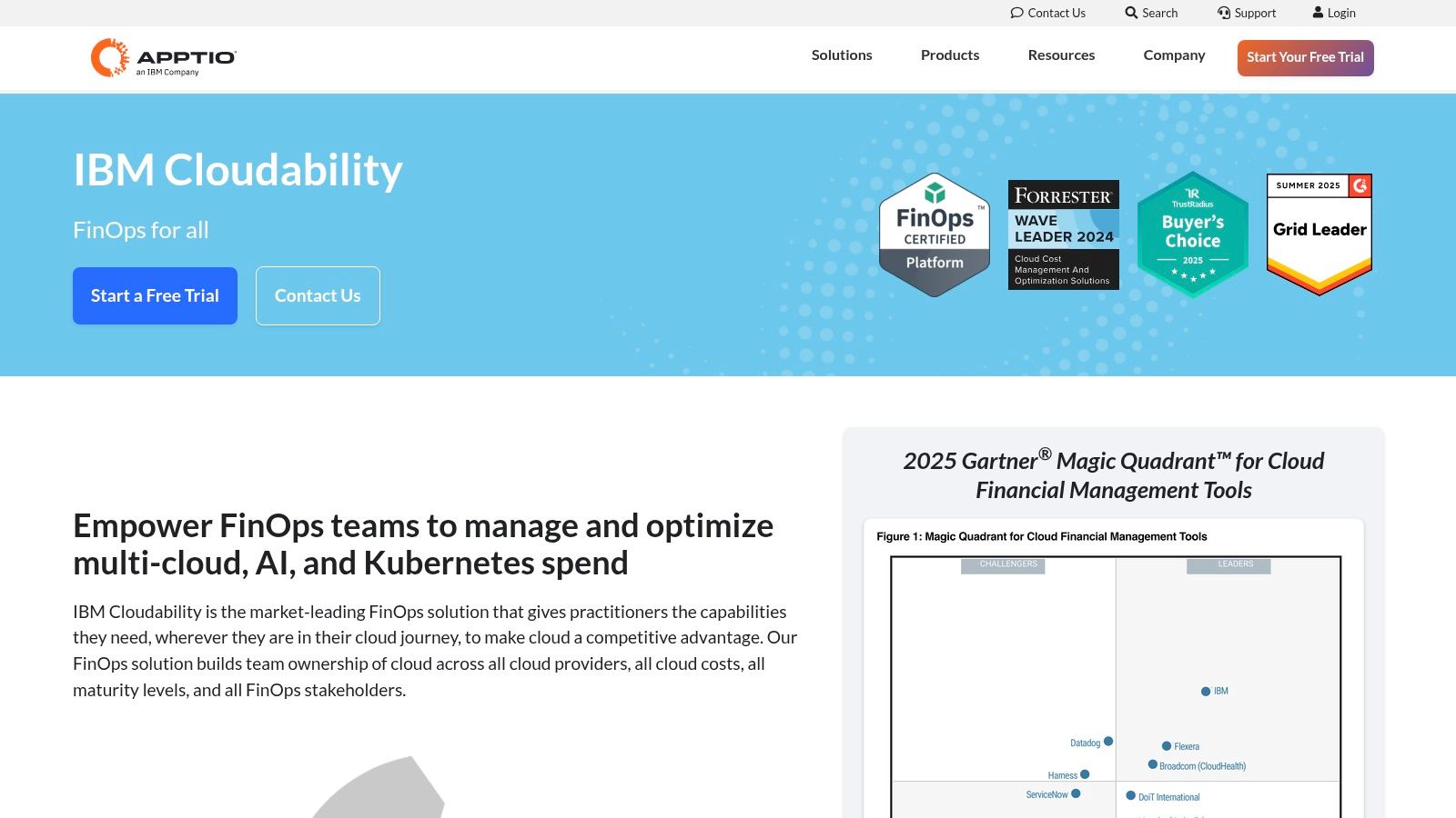 Apptio Cloudability dashboard showing multi-cloud cost optimization insights and savings opportunities.