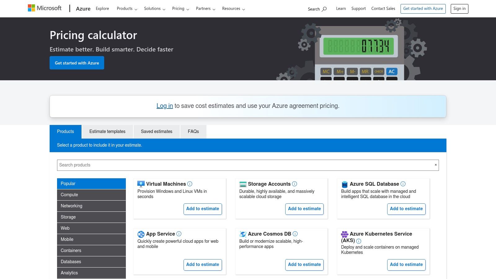 Azure Pricing Calculator showing an estimate for a virtual machine and storage.