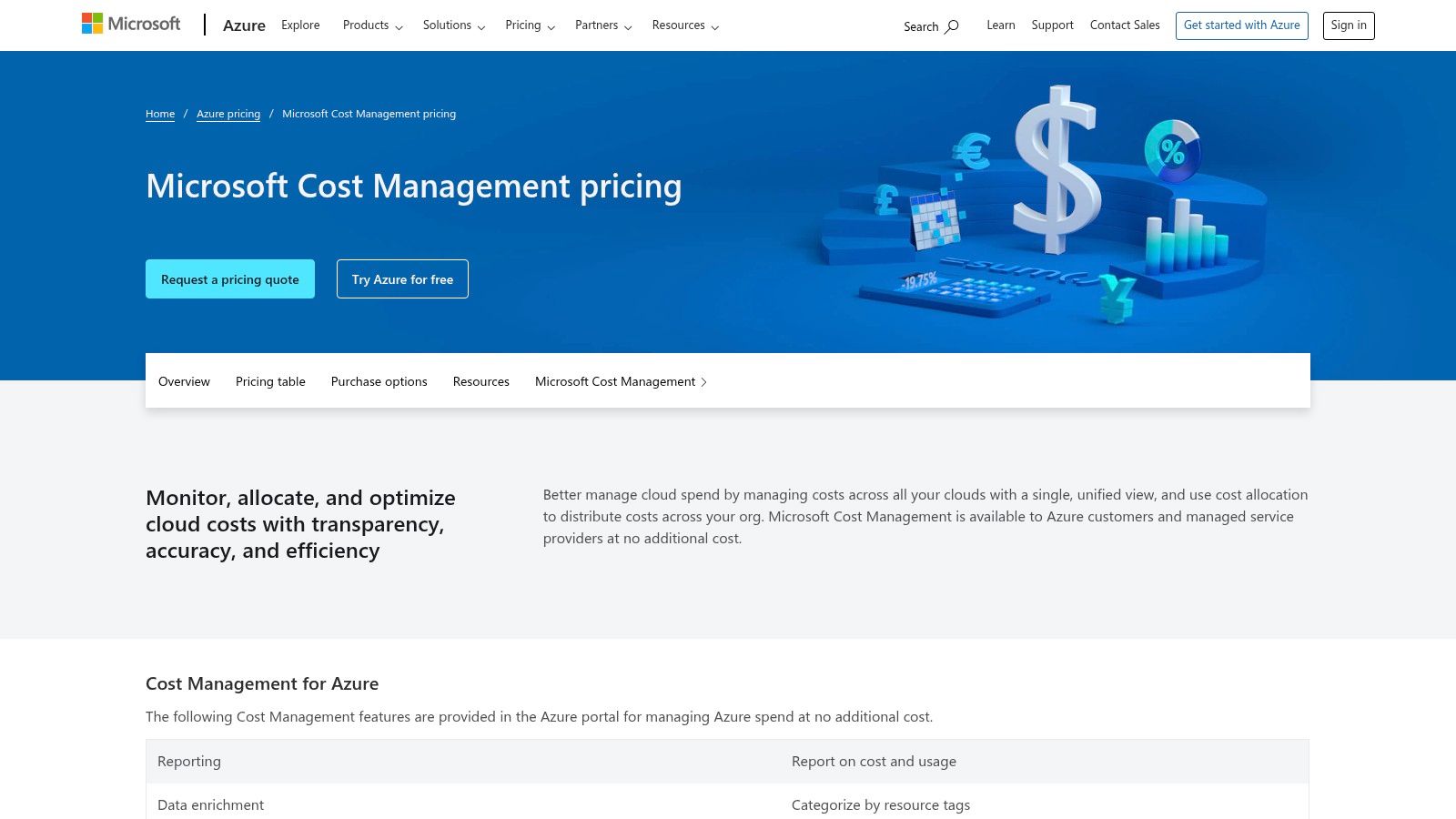 Microsoft Cost Management dashboard showing a cost analysis by service name with a chart and table.