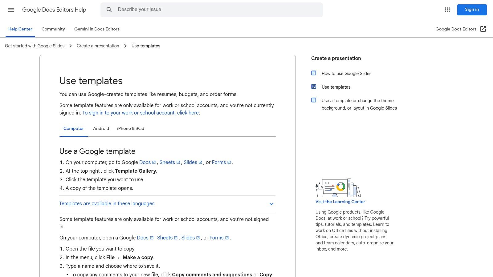 Google Sheets Template Gallery (official)