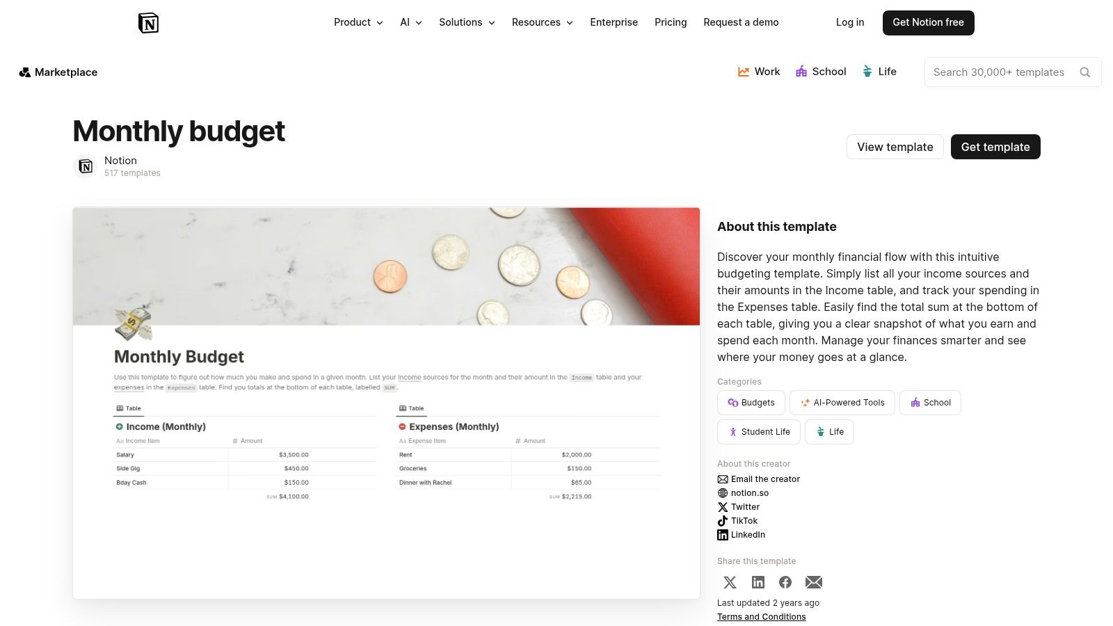 Notion Template Marketplace – Budget Planning