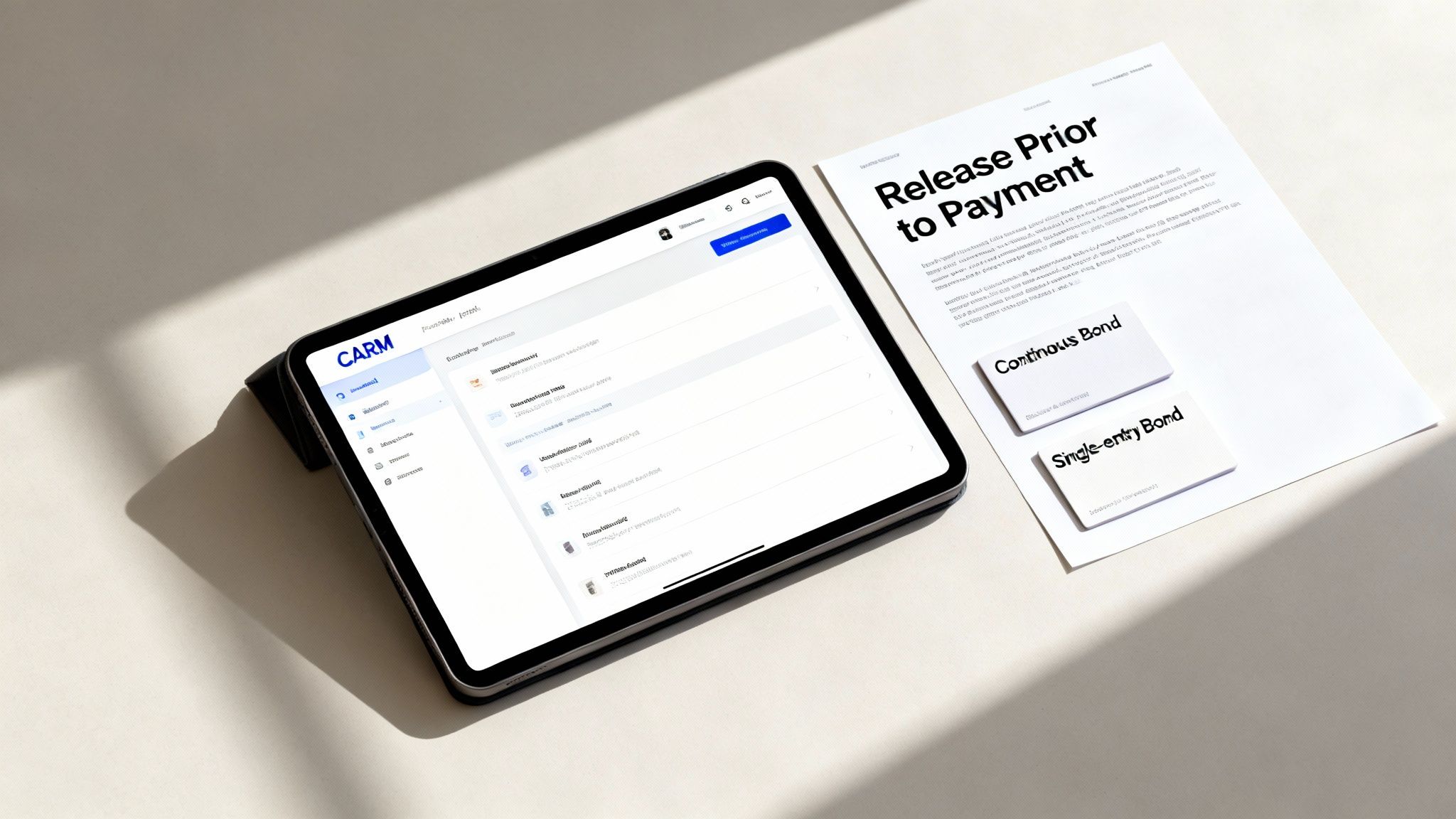 A tablet showing CARM software and a document titled 'Release Prior to Payment' with customs bond options.