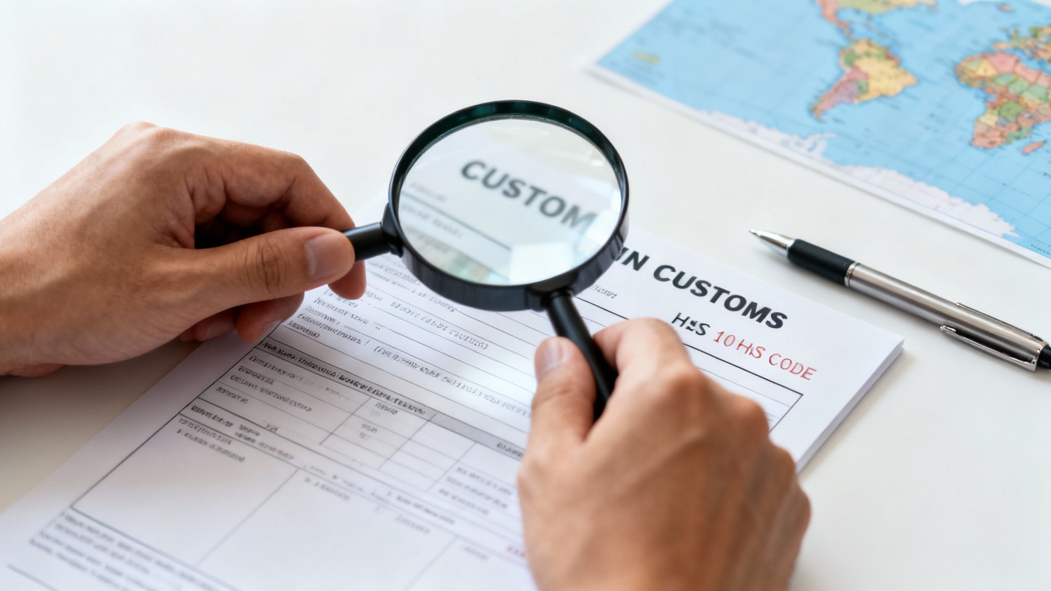 Hands holding a magnifying glass over a customs document with 'CUSTOMS' and 'HS CODE' visible, next to a pen and world map.