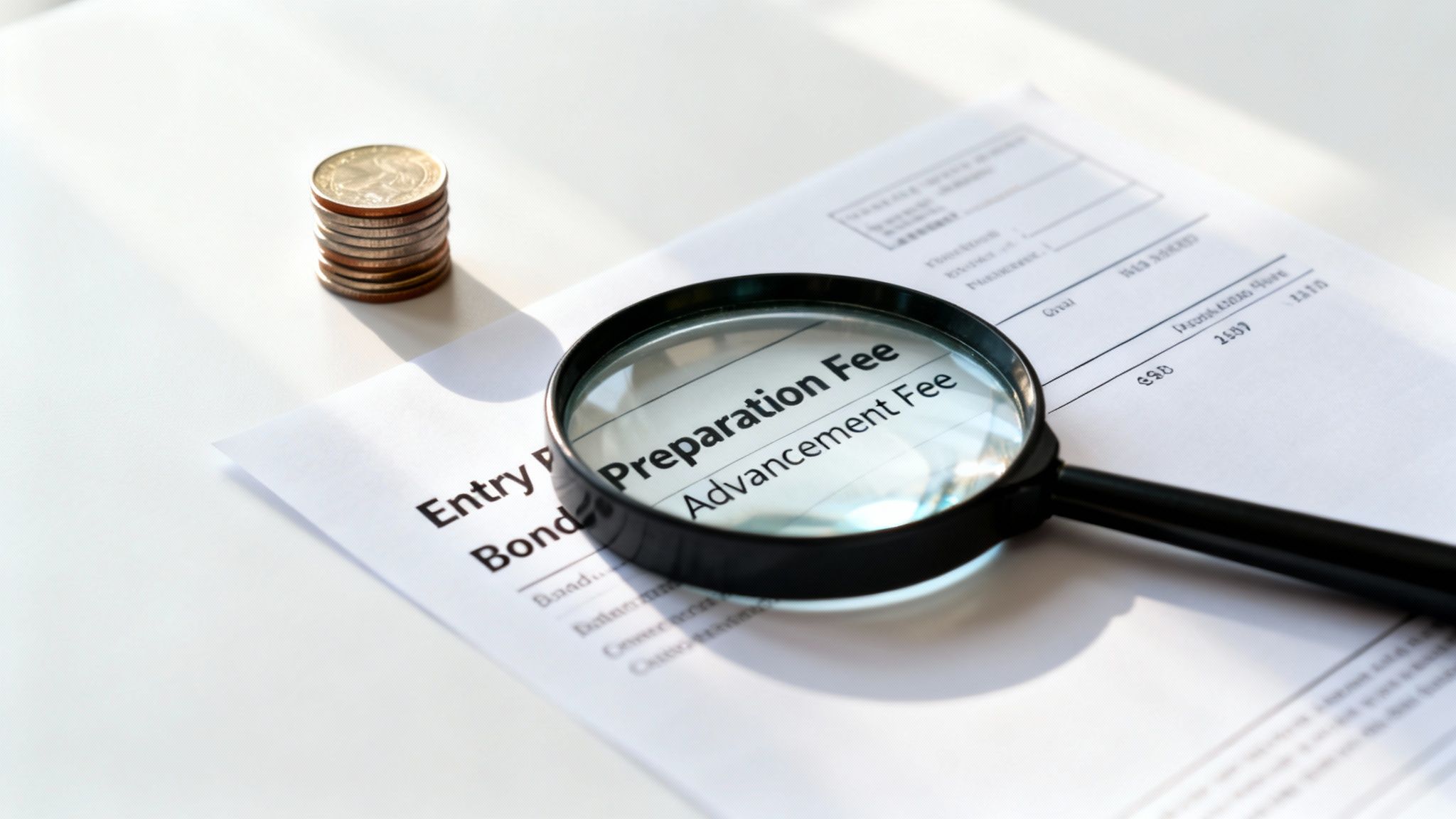 A magnifying glass highlights 'Preparation Fee' and 'Advancement Fee' on a document next to a stack of coins.