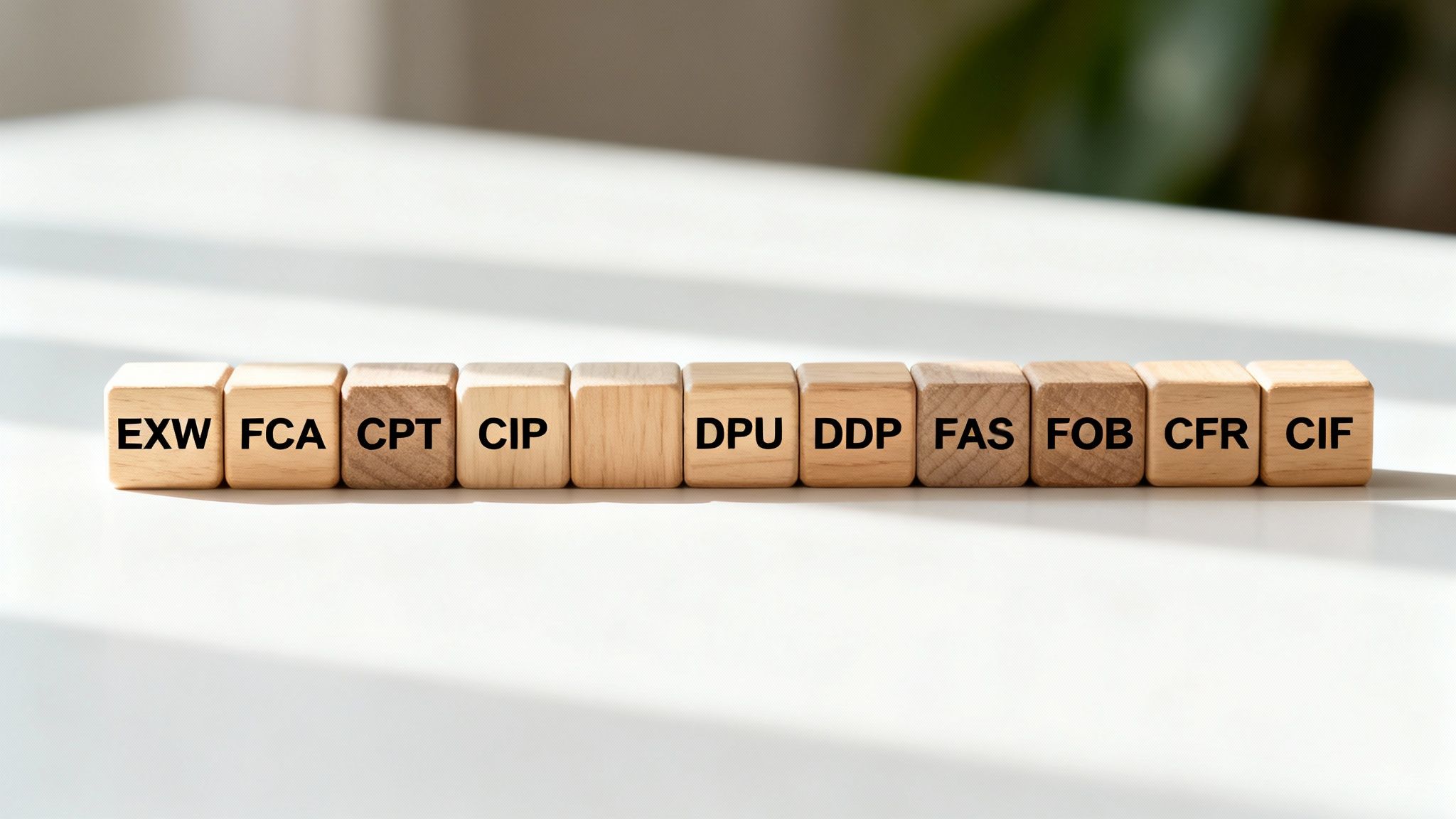Wooden blocks display common Incoterms like EXW, FCA, CPT, CIP, DPU, DDP, FAS, FOB, CFR, CIF on a white surface.