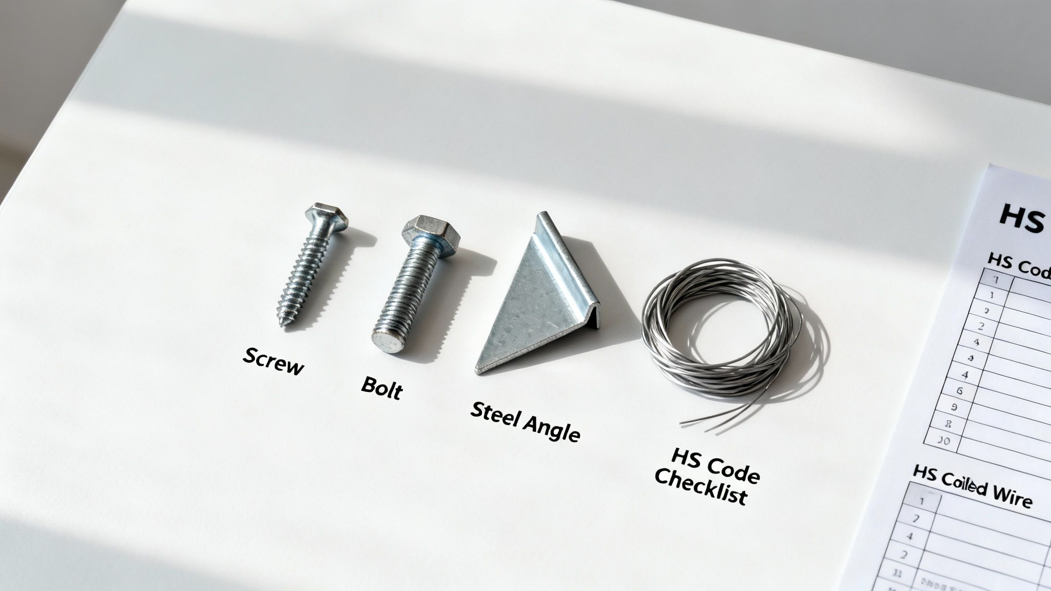 Close-up of a screw, bolt, steel angle, and coiled wire next to an HS code checklist.