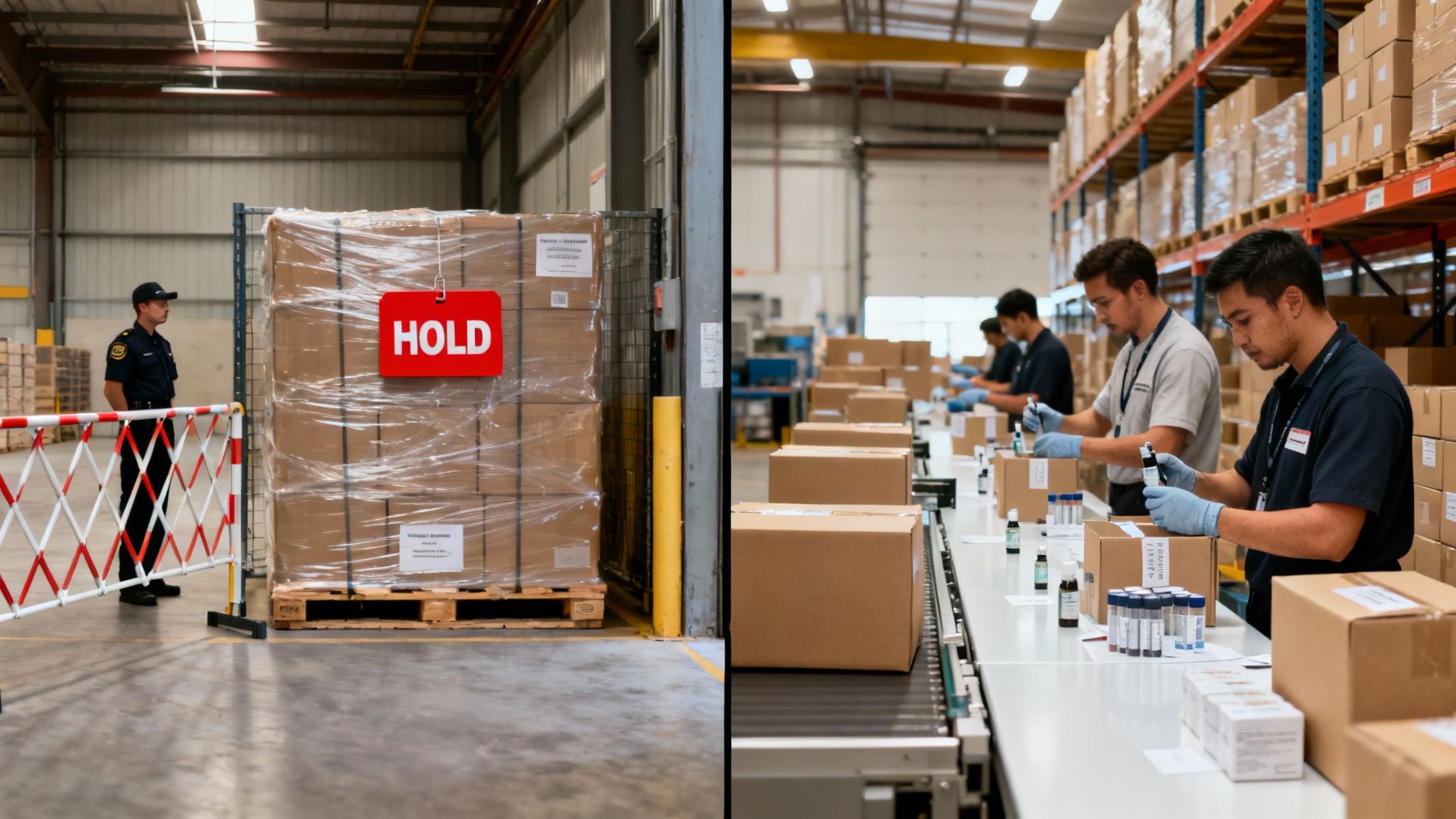 Security guard monitors 'HOLD' items, while other workers package products on a warehouse conveyor line.