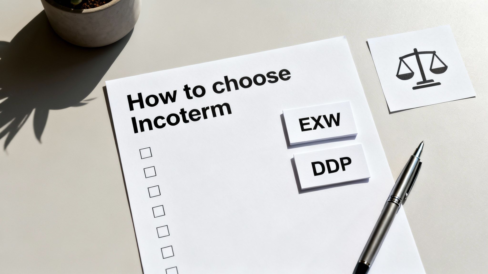 Document 'How to choose Incoterm' with EXW, DDP options, checkboxes, and scales icon.