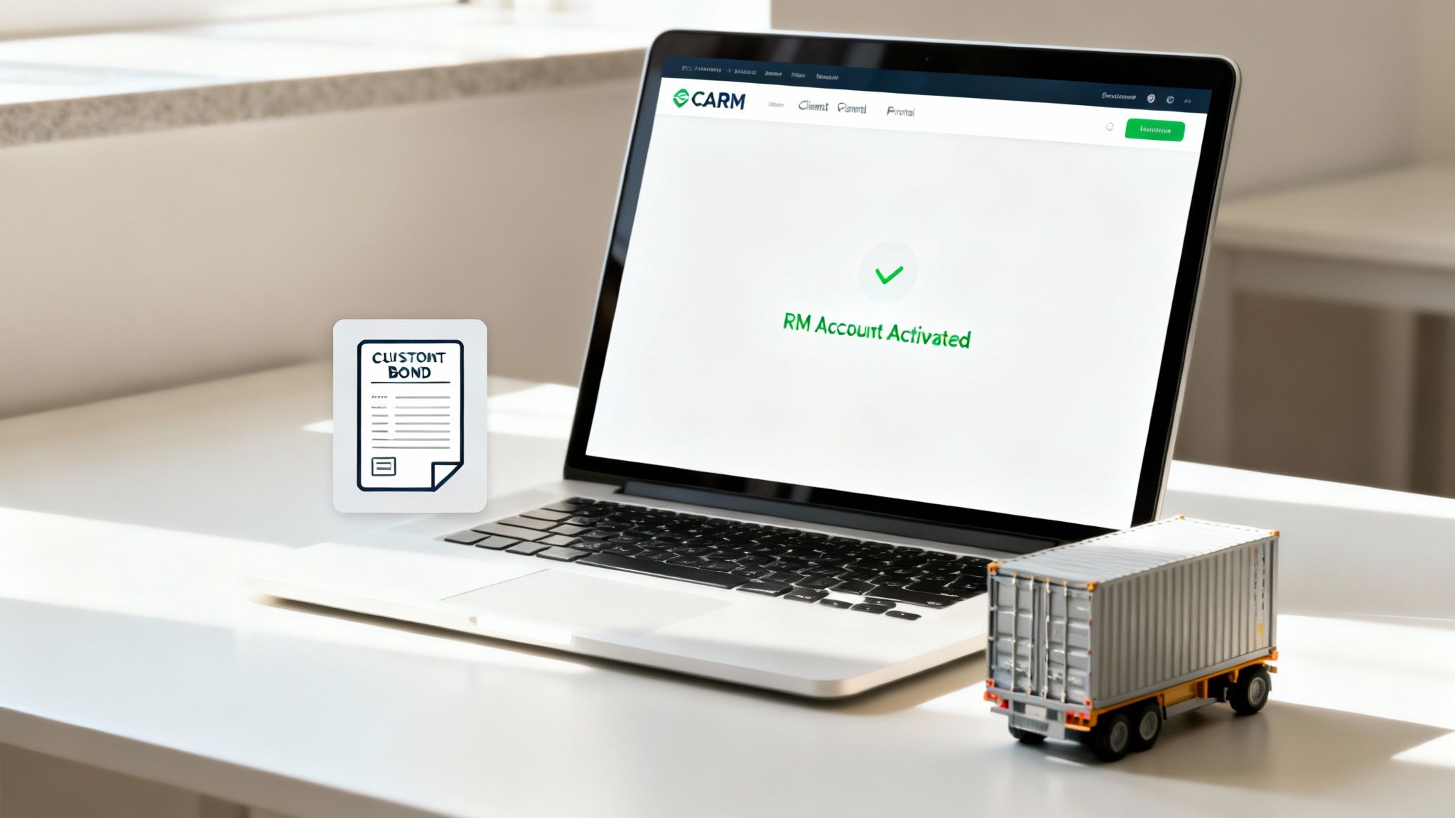 A laptop displaying an 'RM Account Activated' success message, a customs bond icon, and a miniature container truck on a desk.