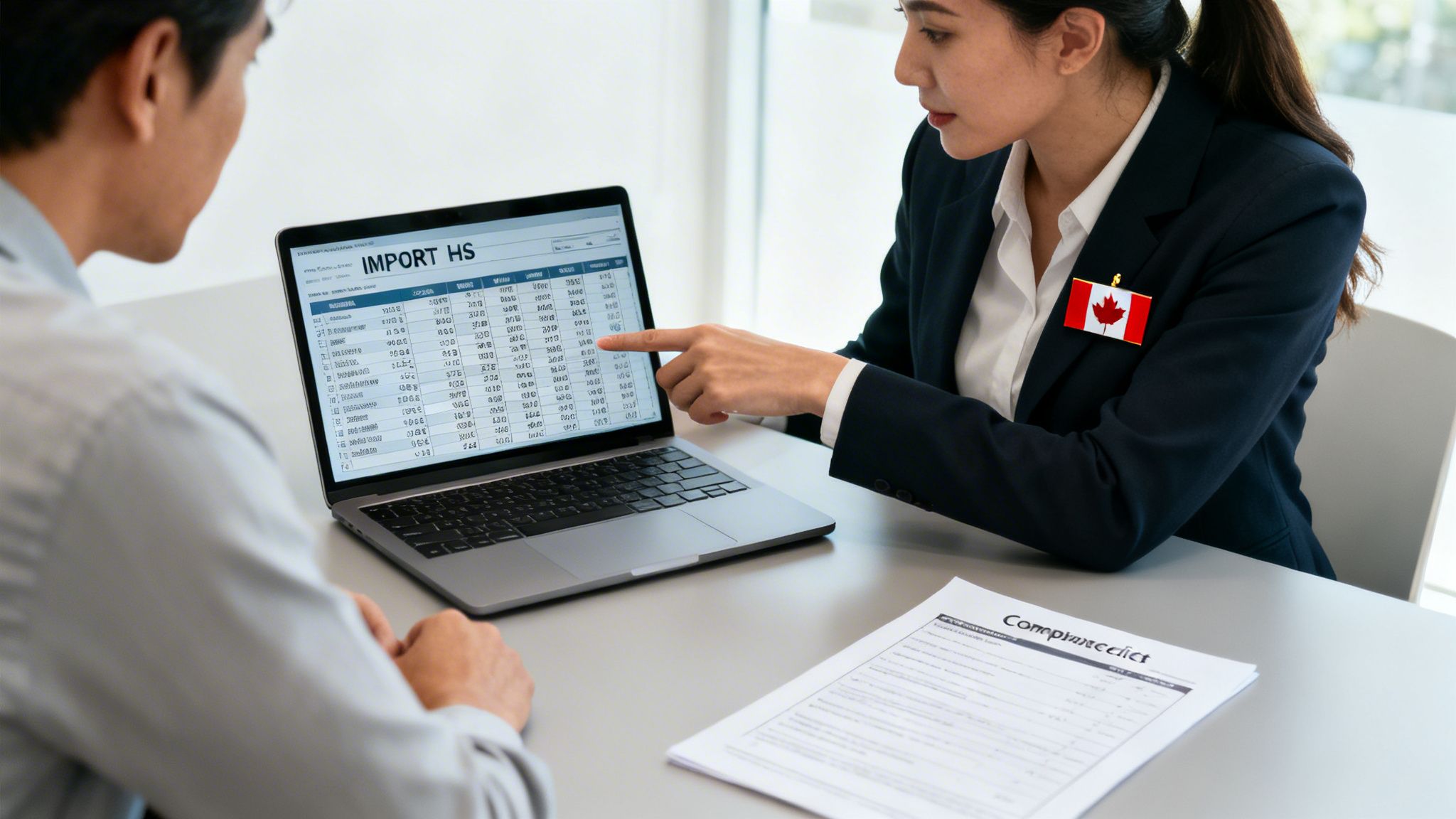 A businesswoman with a Canadian flag pin points at a laptop screen displaying import data to a man.