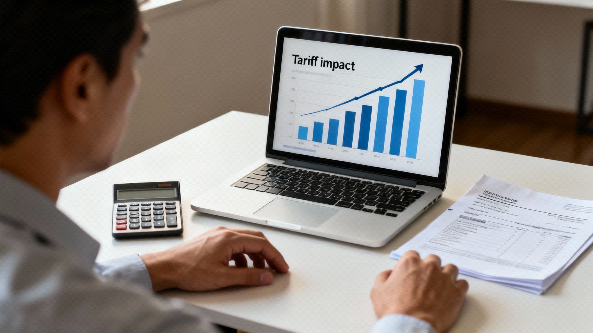 A person analyzes a laptop screen displaying a 'Tariff impact' chart with a calculator and papers.