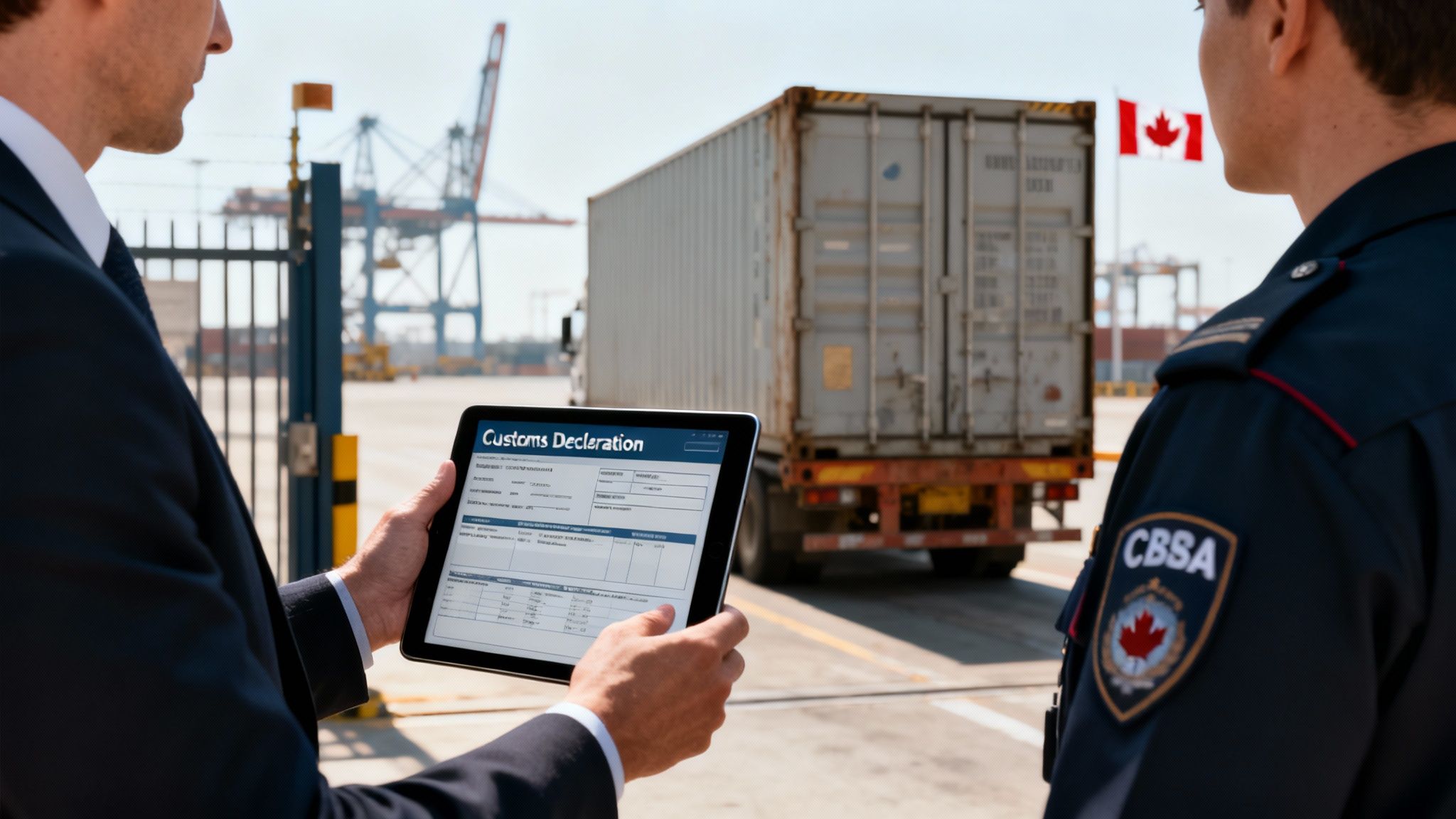 A customs officer and businessman review a digital customs declaration for a shipping container entering Canada.