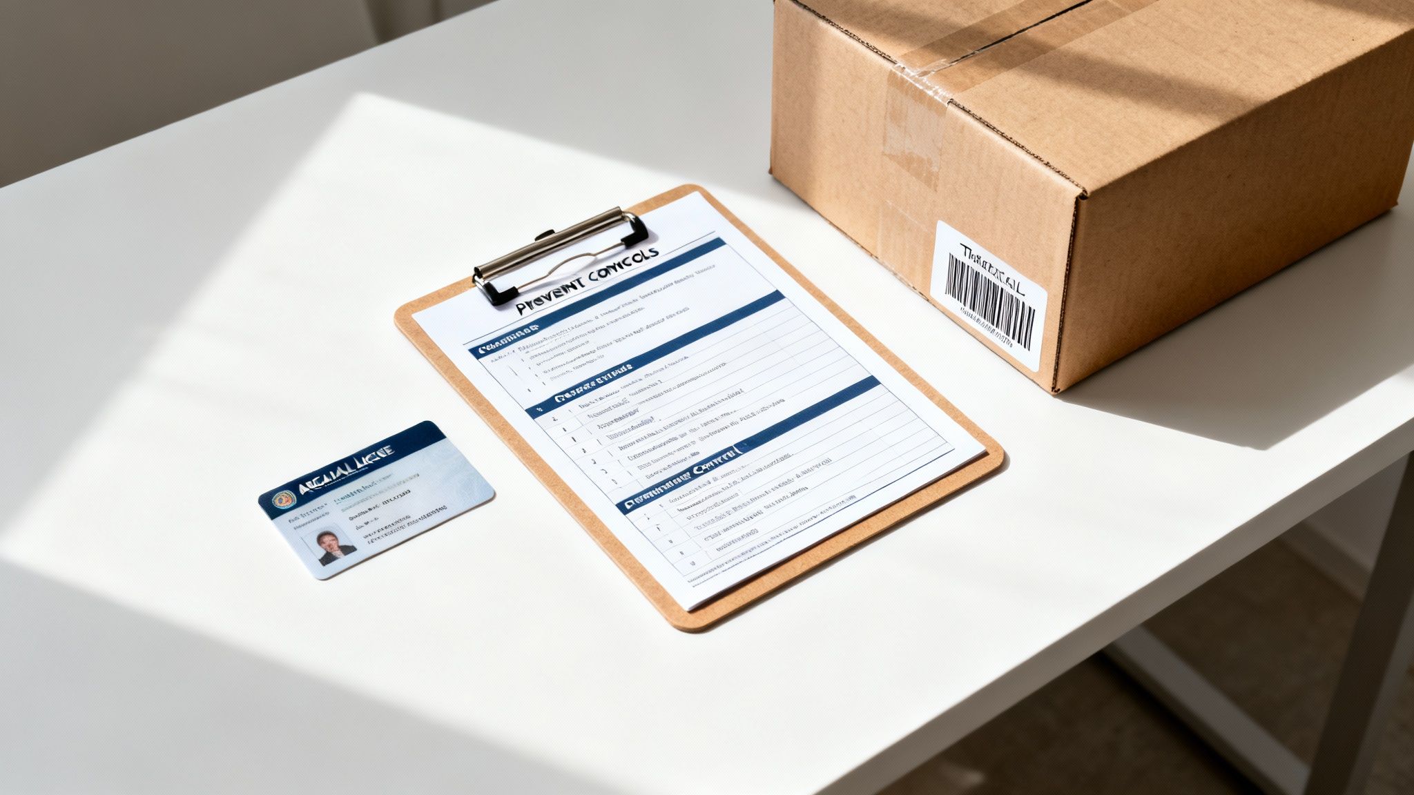 A white desk with a cardboard box, clipboard with safety document, and ID card, suggesting regulations or shipping.