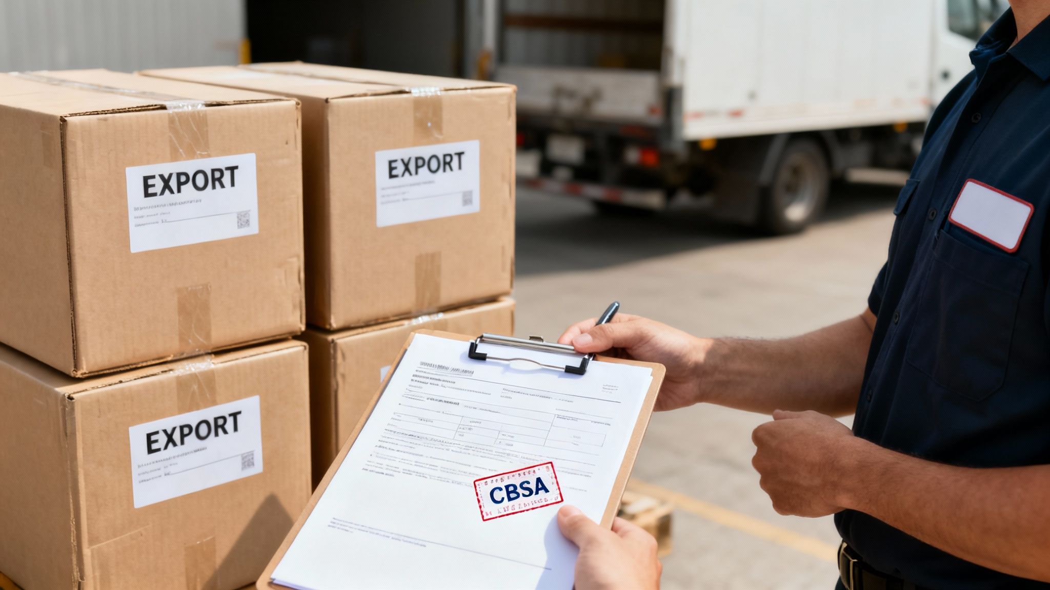 A customs officer reviews documents with a CBSA stamp for export boxes, with a blurred delivery truck behind.
