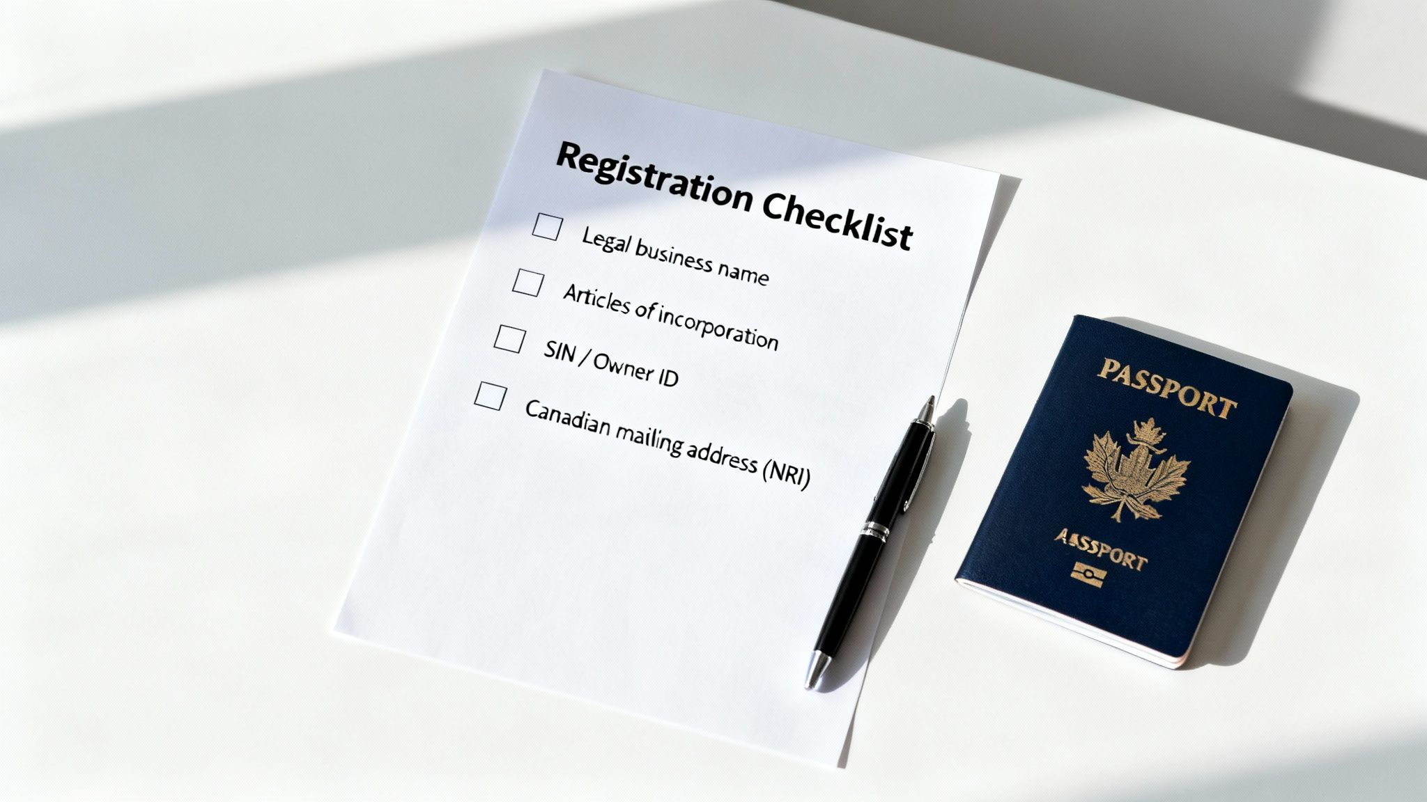 A registration checklist, pen, and Canadian passport on a white table, ready for business setup.