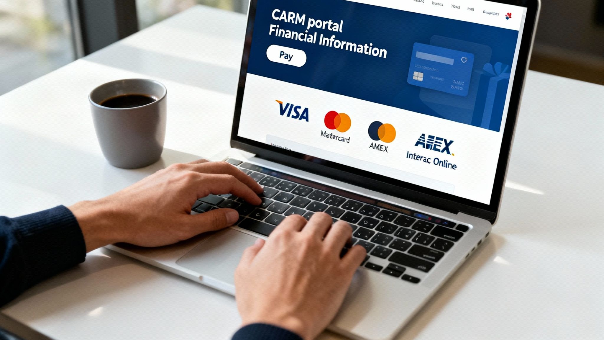 Person typing on a laptop, viewing a CARM portal financial page with various payment options like Visa and Mastercard.