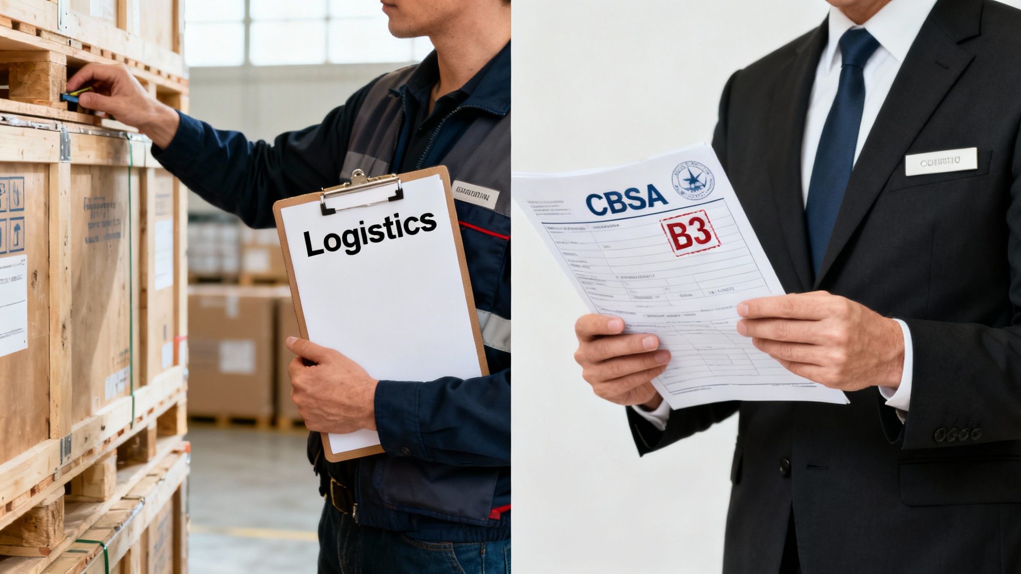 A split image showing a logistics worker checking inventory in a warehouse and a customs broker holding a CBSA B3 form.