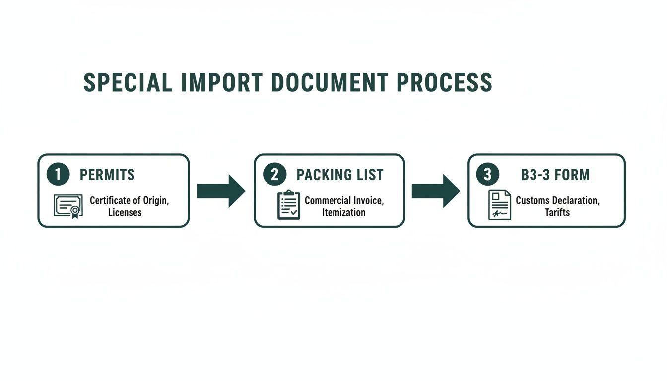 A three-step flowchart illustrating the special import document process for permits, packing lists, and customs forms.