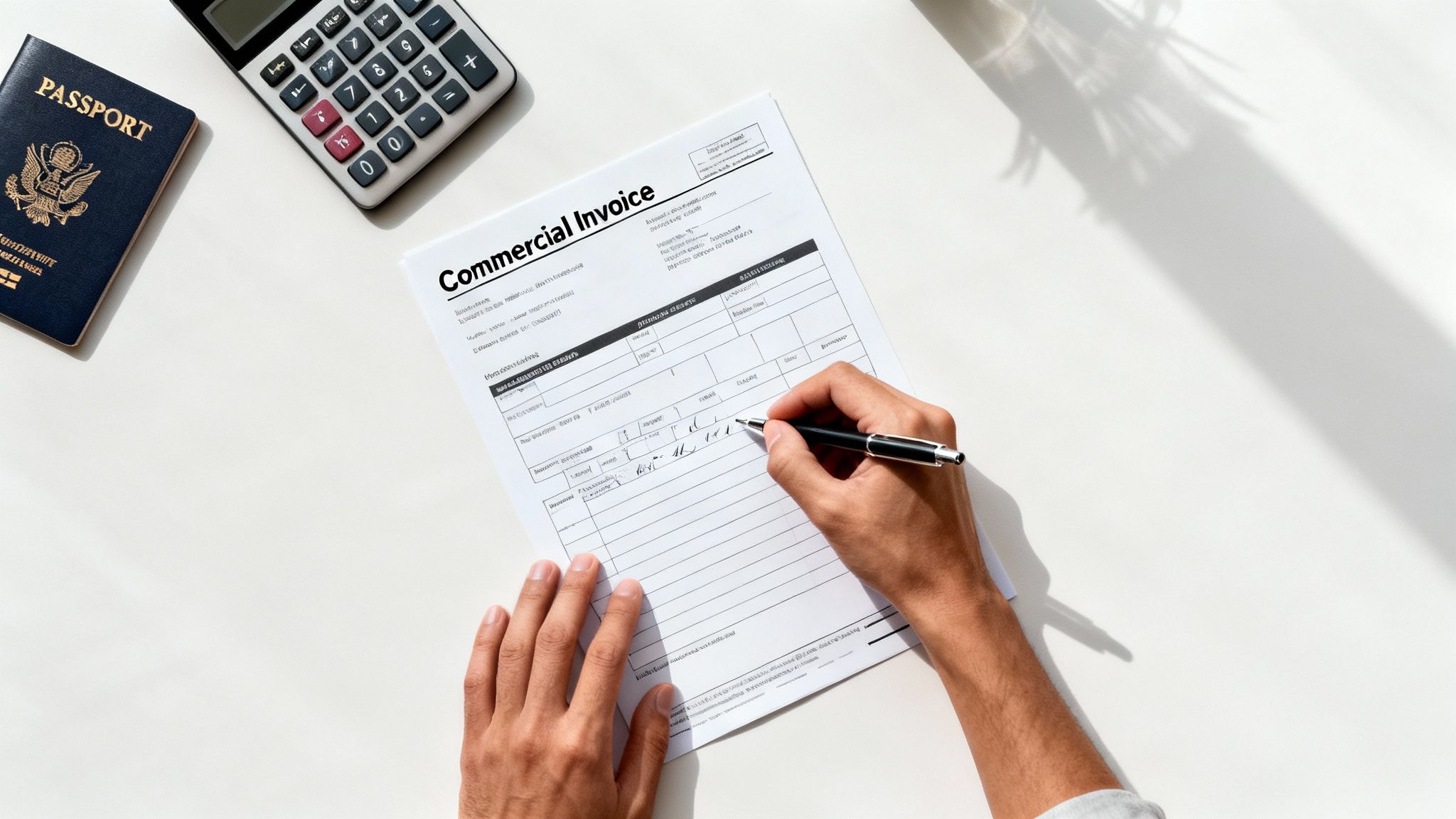 Overhead view of hands writing on a commercial invoice document, with a passport and calculator on a white desk.