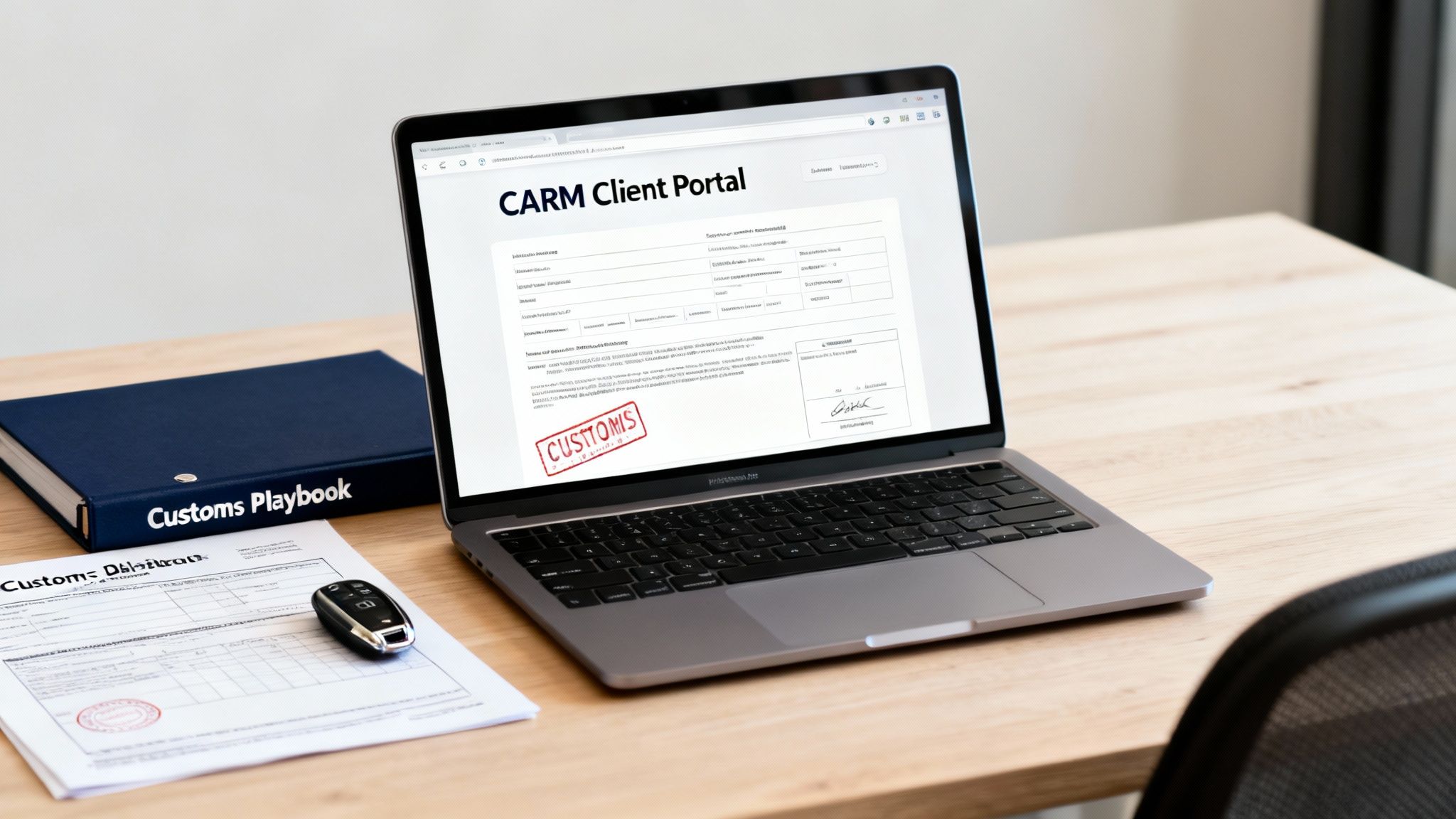A laptop on a wooden desk shows a 'CARM Client Portal' with customs documents, a binder, and a car key.