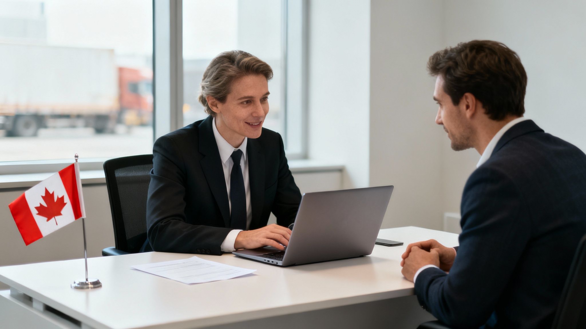 A businesswoman consults with a male client at a desk, with a Canadian flag nearby.