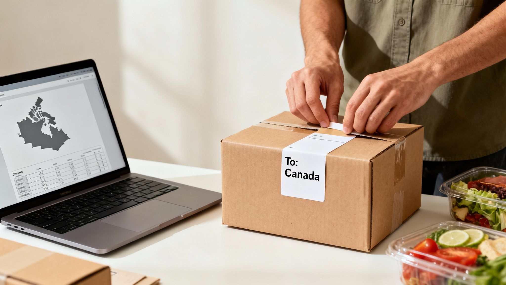 Hands taping a shipping box labeled 'To: Canada', next to a laptop displaying Canadian data and two food containers.