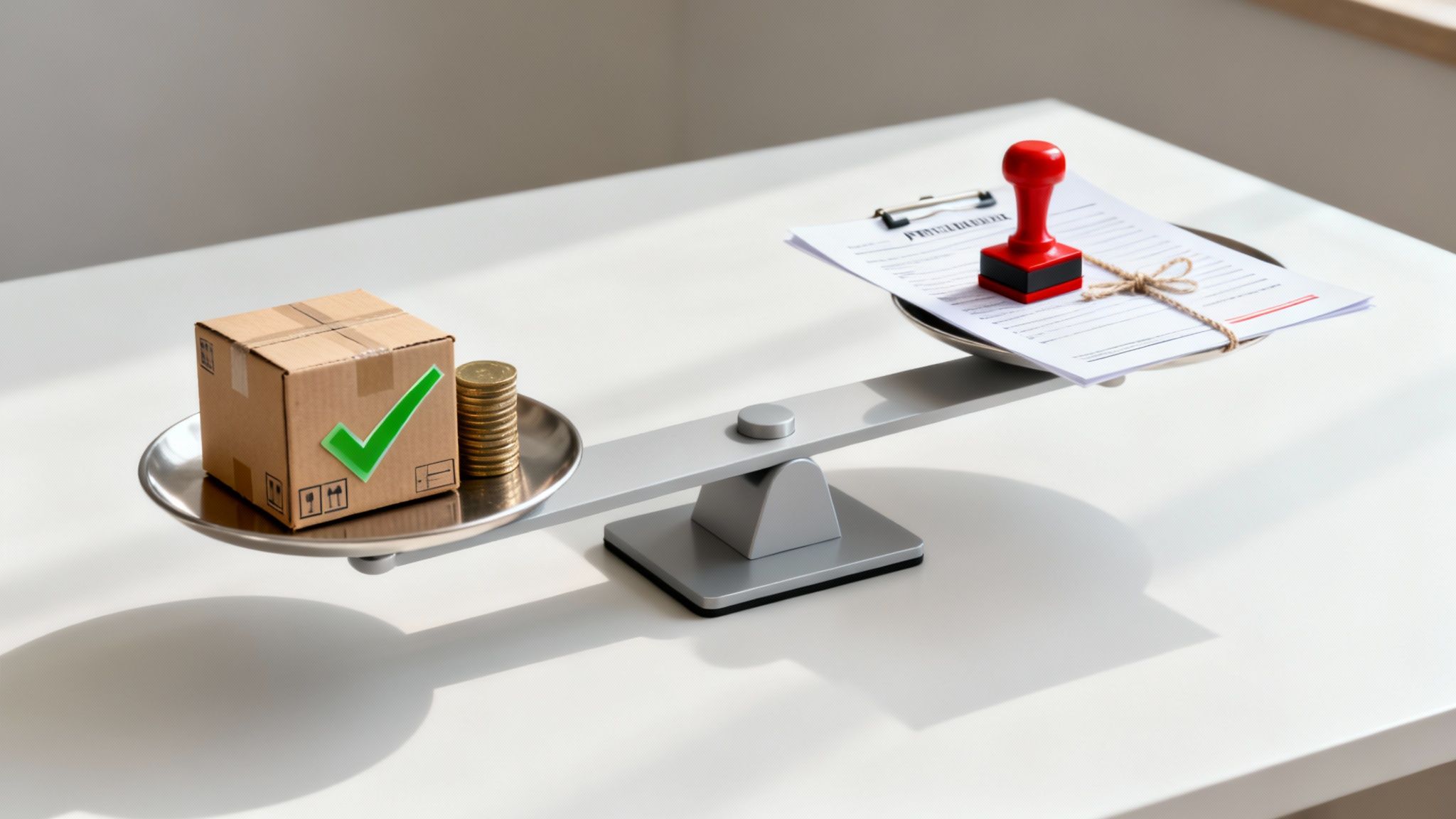 A balance scale with a package and stacked coins on one side, and tied documents with a stamp on the other.