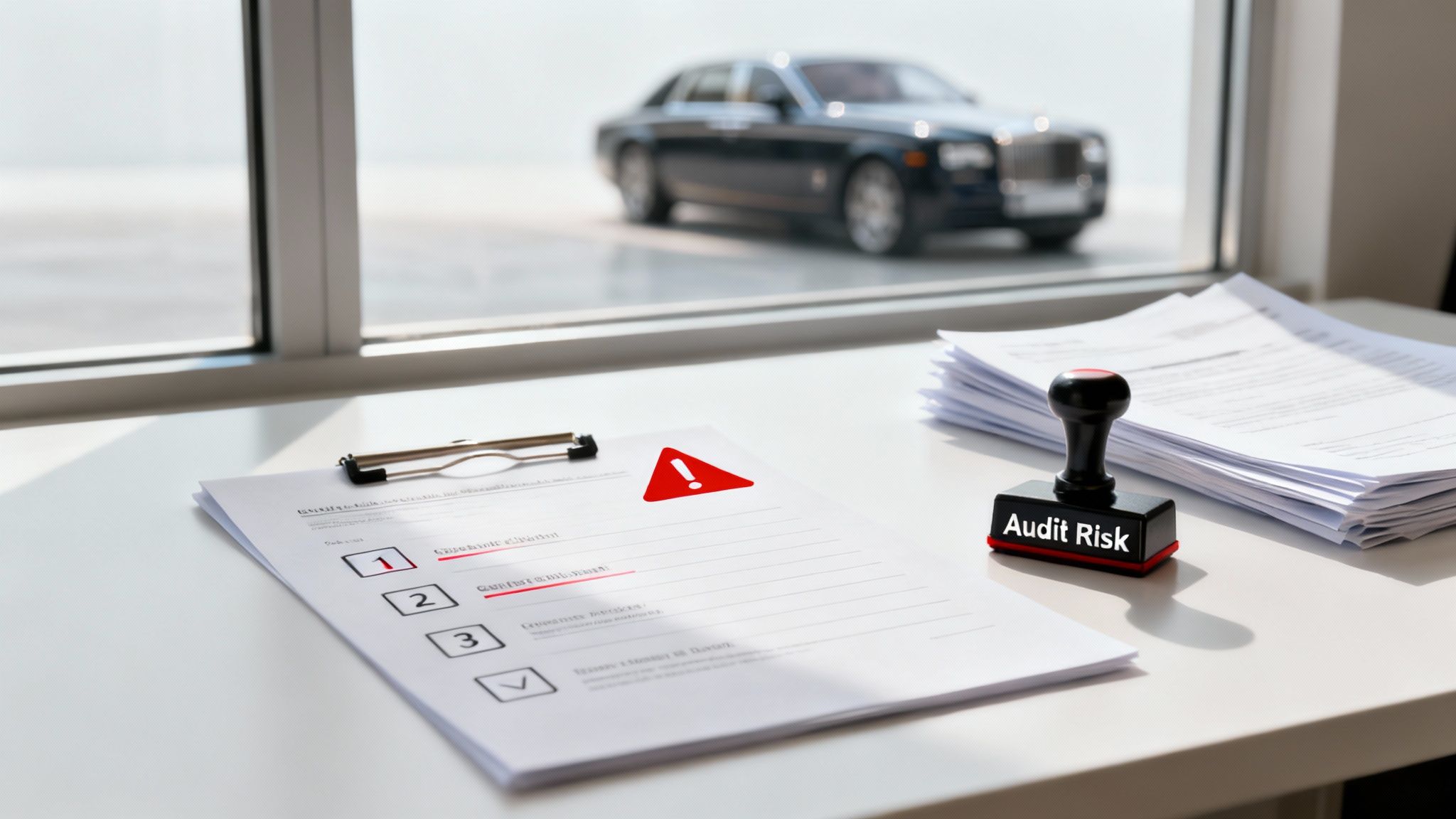 An 'Audit Risk' stamp beside a checklist with a warning sign, and a luxury car is seen outside.