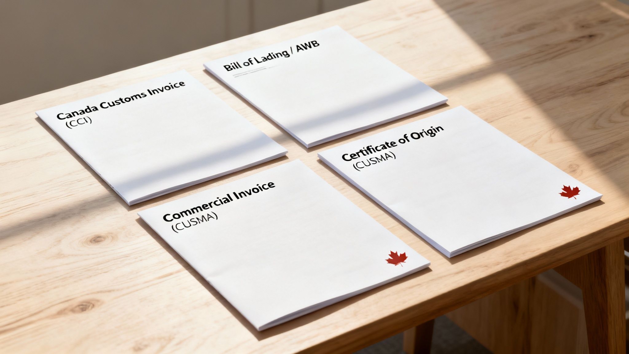Four important Canadian customs and shipping documents, including invoices and certificates, on a wooden table.