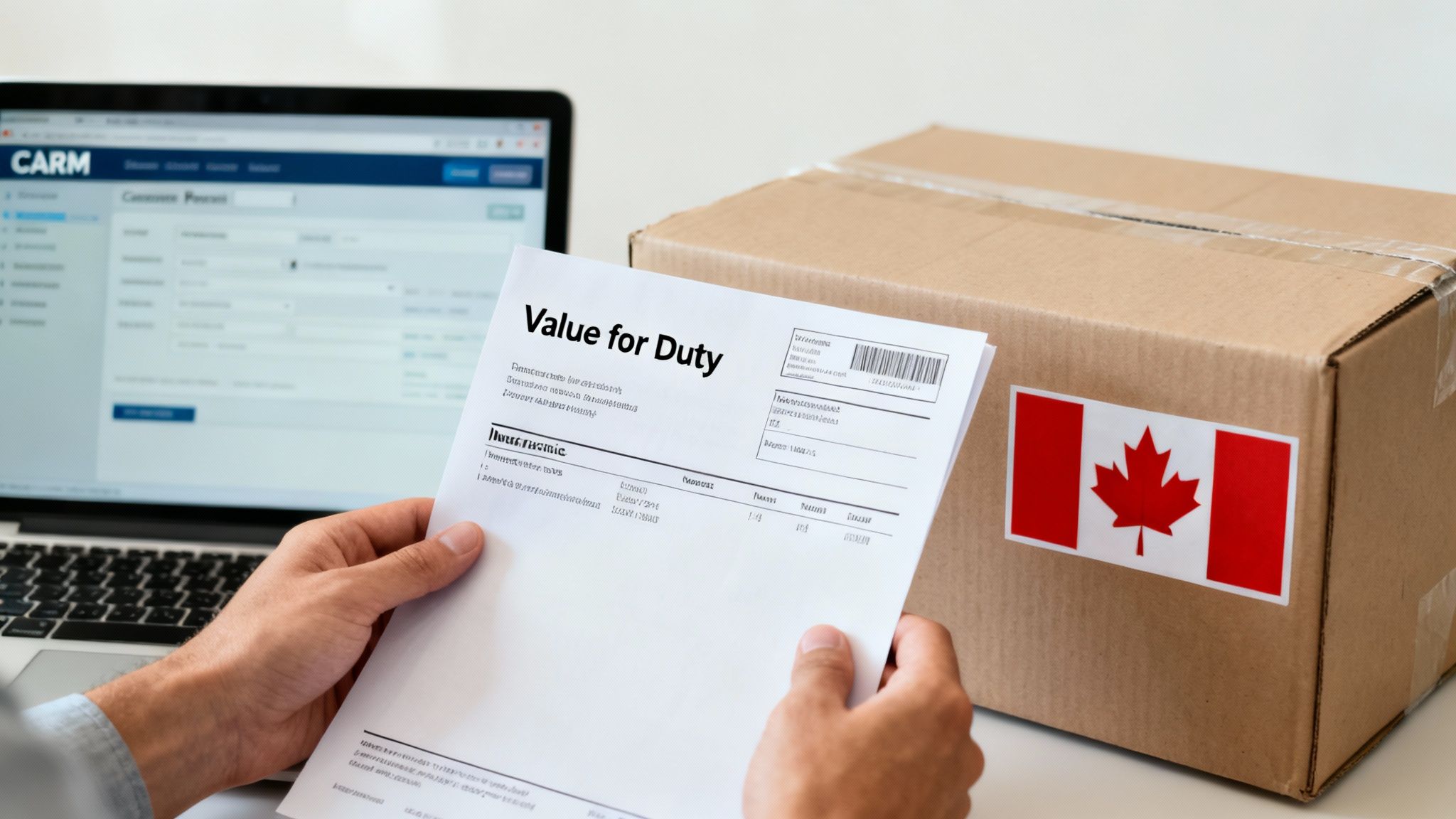 Person holding a 'Value for Duty' customs document, with a laptop and a Canadian shipping box.