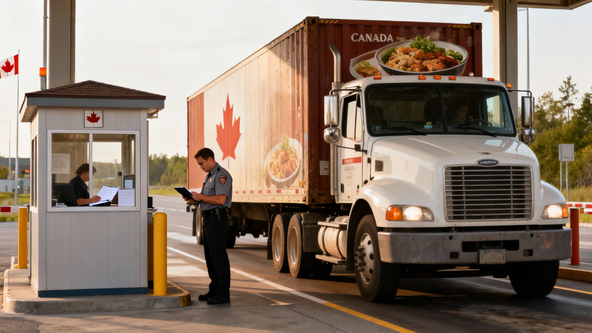 A semi-truck with Canadian food branding passes a border crossing with two agents checking documents.