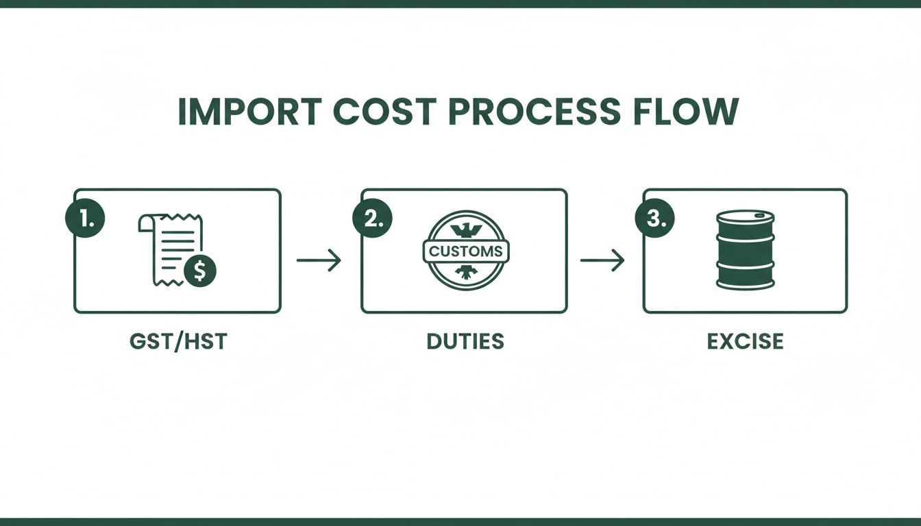 An import cost process flow illustrating GST/HST, Duties, and Excise taxes with corresponding icons.