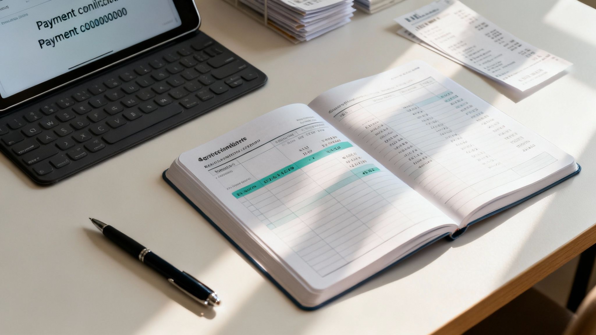 A desk with an iPad, keyboard, open financial ledger, pen, and receipts, suggesting financial management.