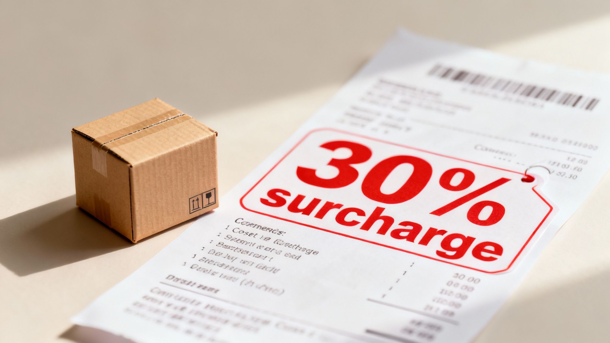 A small cardboard shipping box sits next to a receipt with a prominent red '30% surcharge' label.