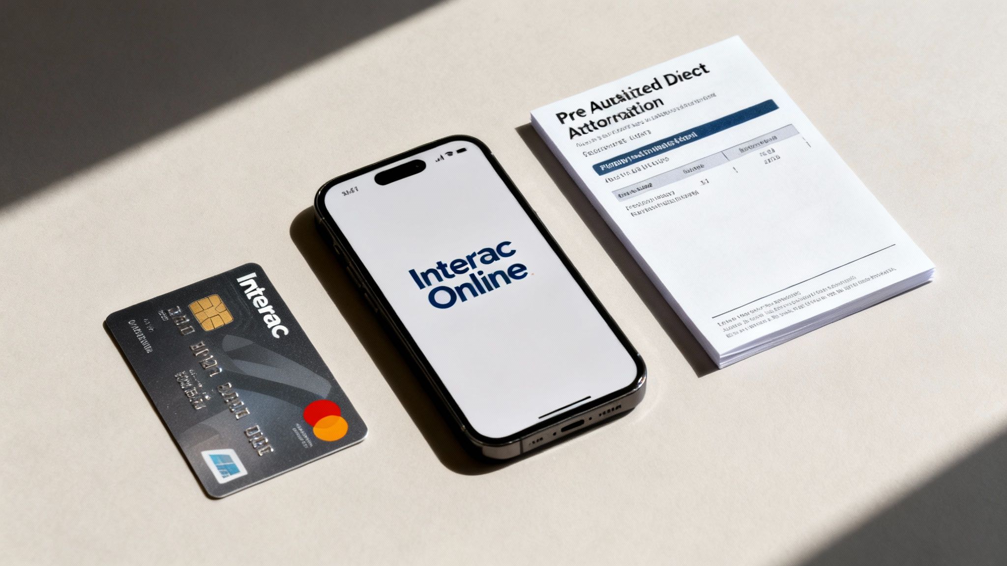 A flat lay of a black Interac credit card, an iPhone showing 'Interac Online', and financial documents on a light surface.