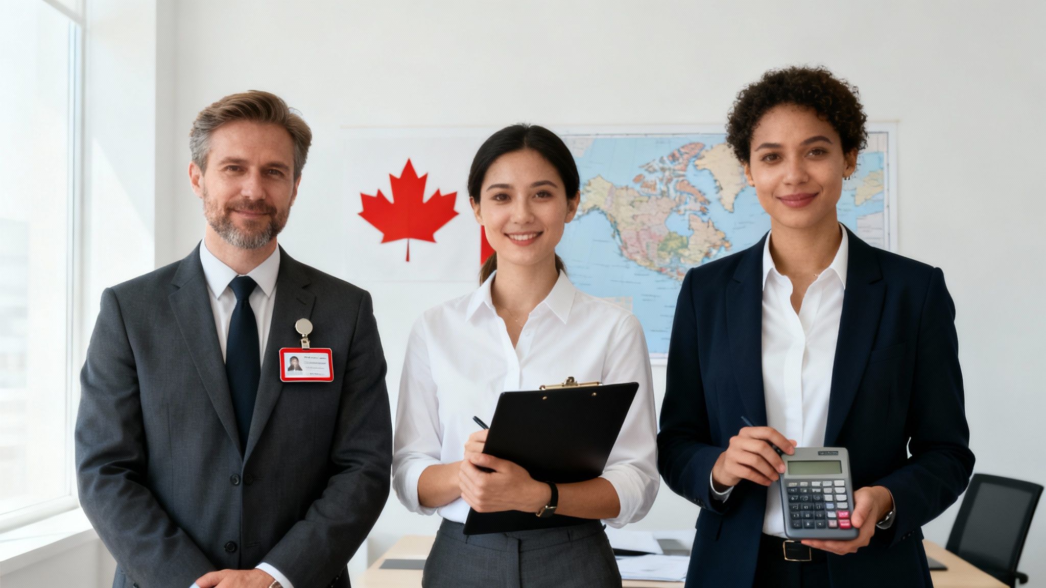 Three smiling business professionals, two women and one man, in an office setting.