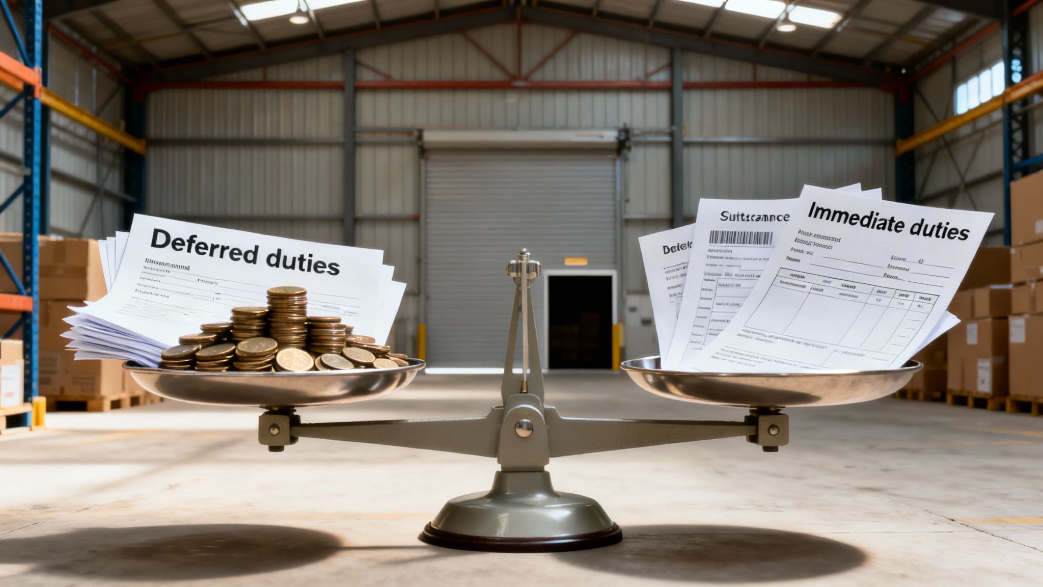 A balance scale in a warehouse showing 'Deferred duties' with coins against 'Immediate duties'.