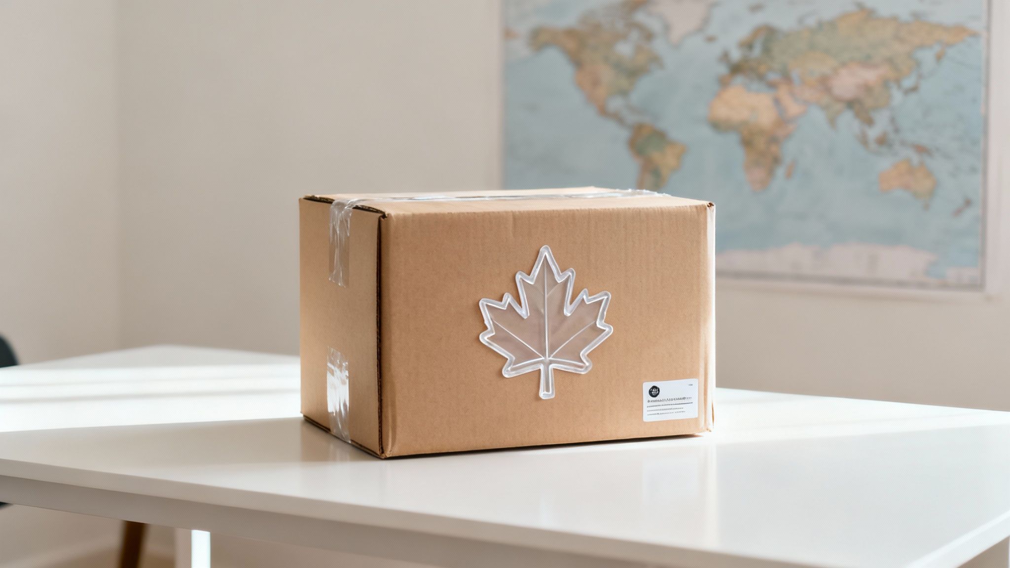 A plain cardboard box with a clear maple leaf emblem on a white desk with a world map.