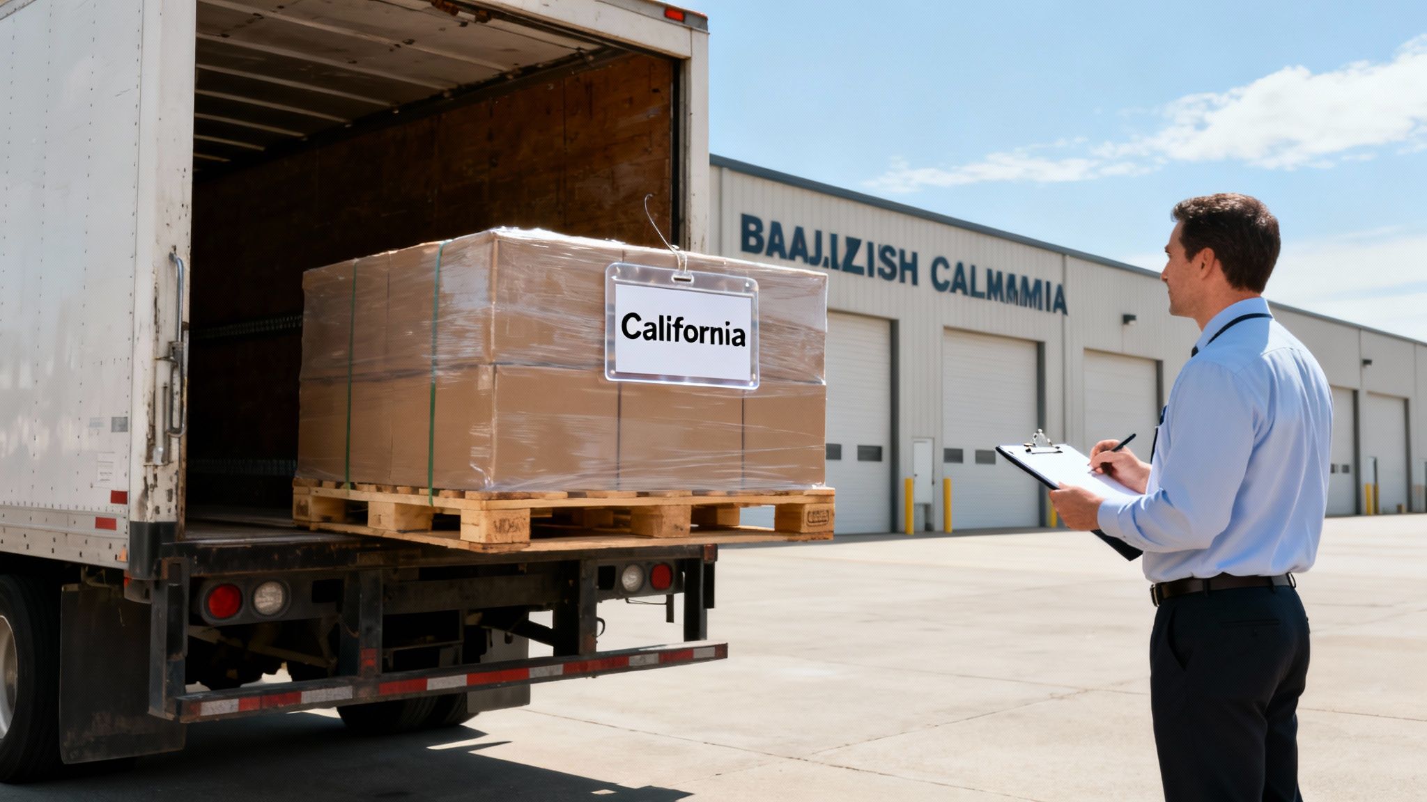 A man checks a pallet of boxes labeled 'California' being loaded into a semi-truck outside a warehouse.