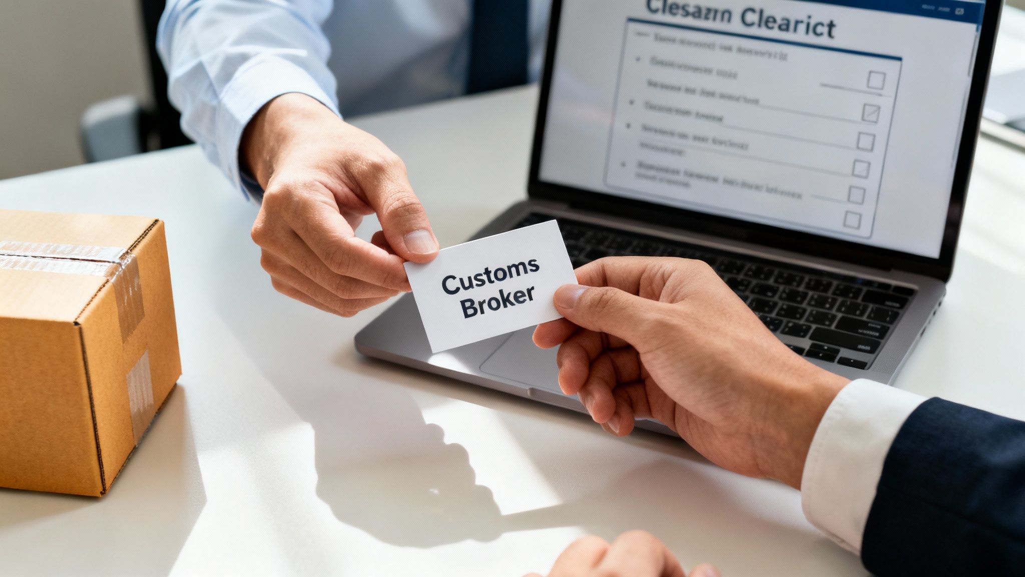 Two hands exchanging a 'Customs Broker' business card on a desk with a laptop and a shipping box.