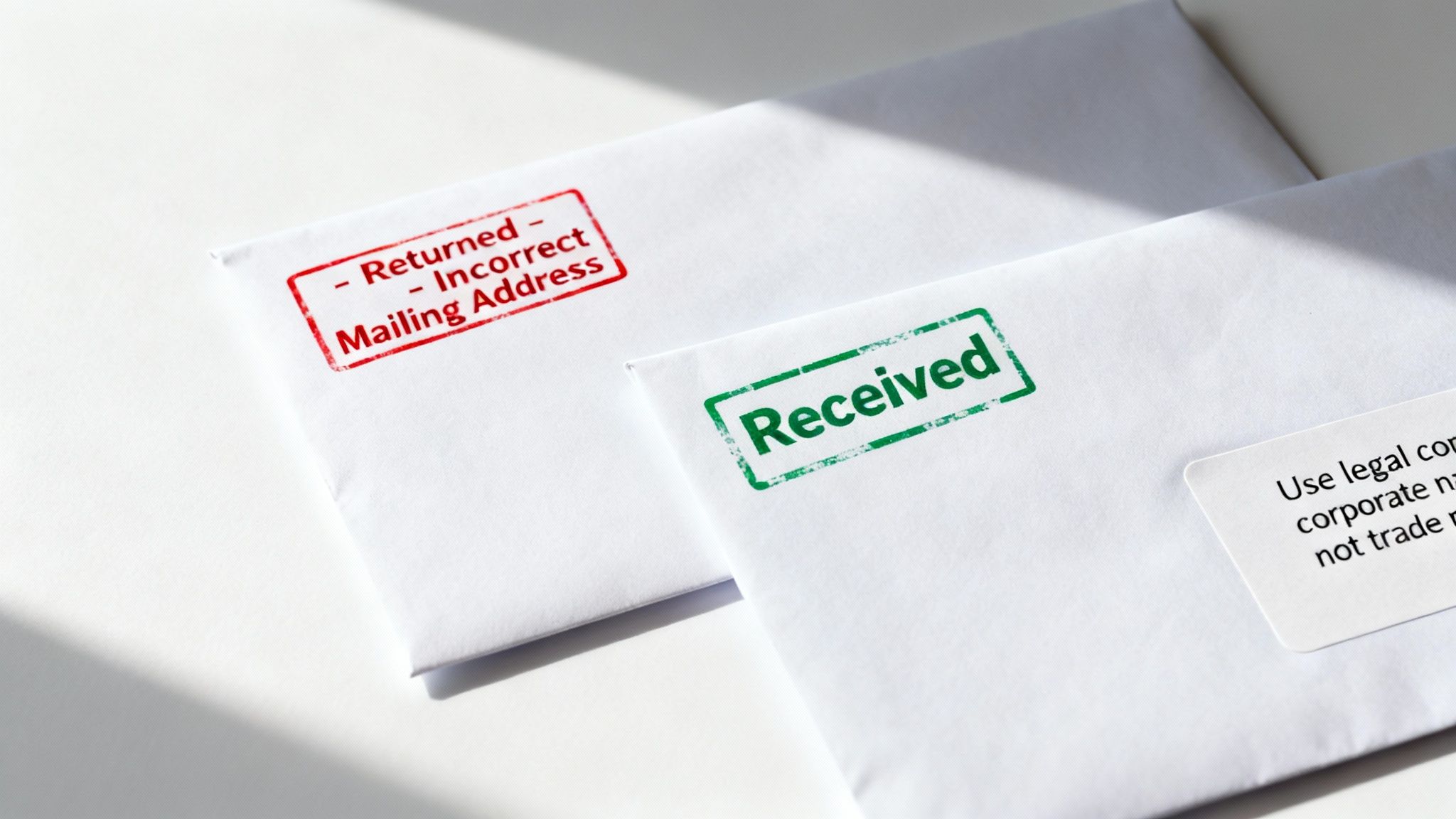 Close-up of two envelopes, one red-stamped 'Returned' due to incorrect address, the other green-stamped 'Received.'