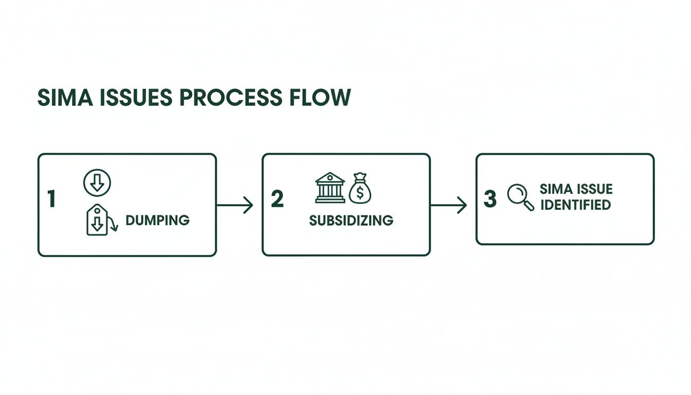 Process flow diagram illustrating SIMA issues identification, showing dumping, subsidizing, and issue identification.