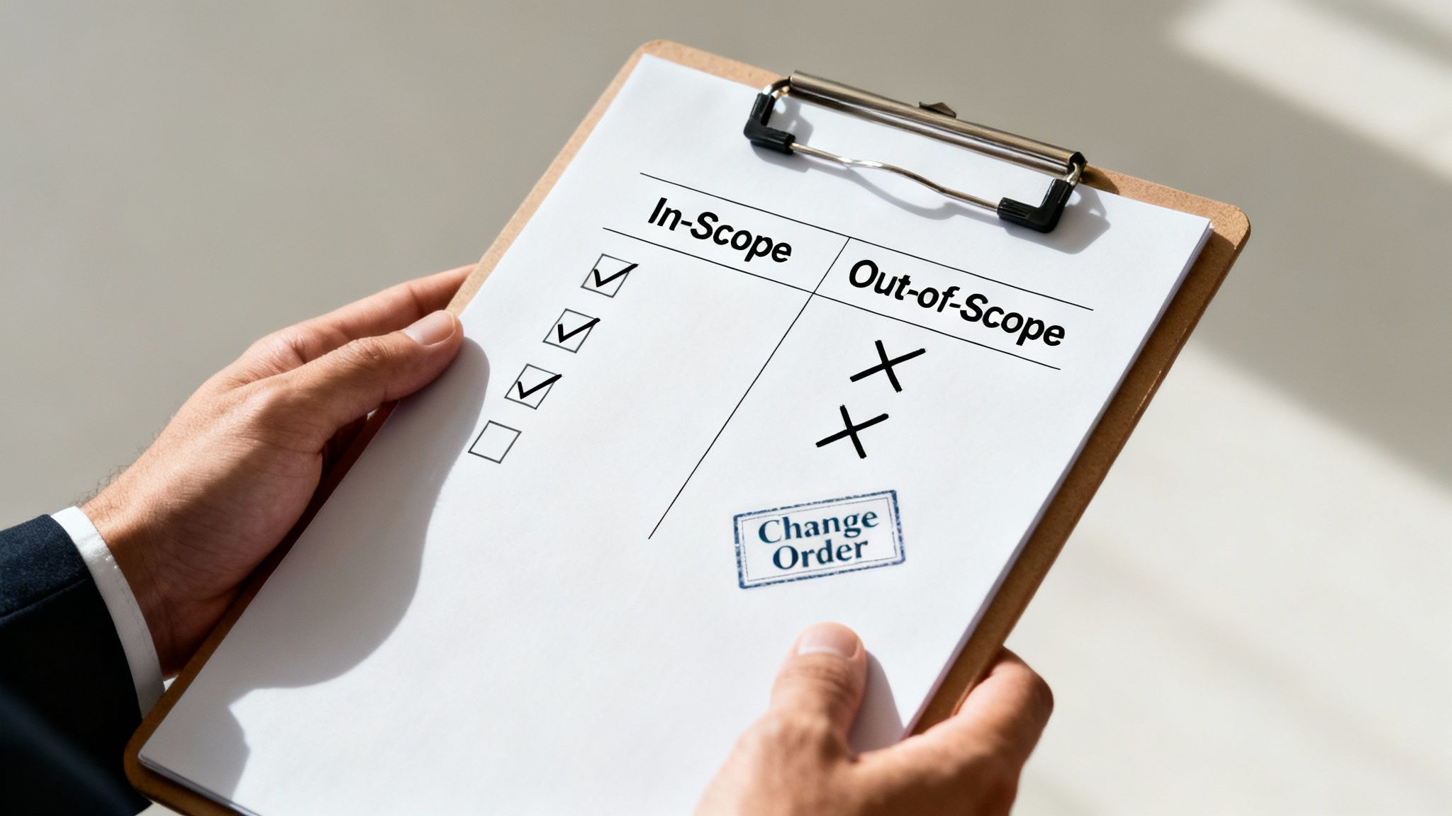 Project scope document on clipboard, showing in-scope checks, out-of-scope crosses, and change order stamp.