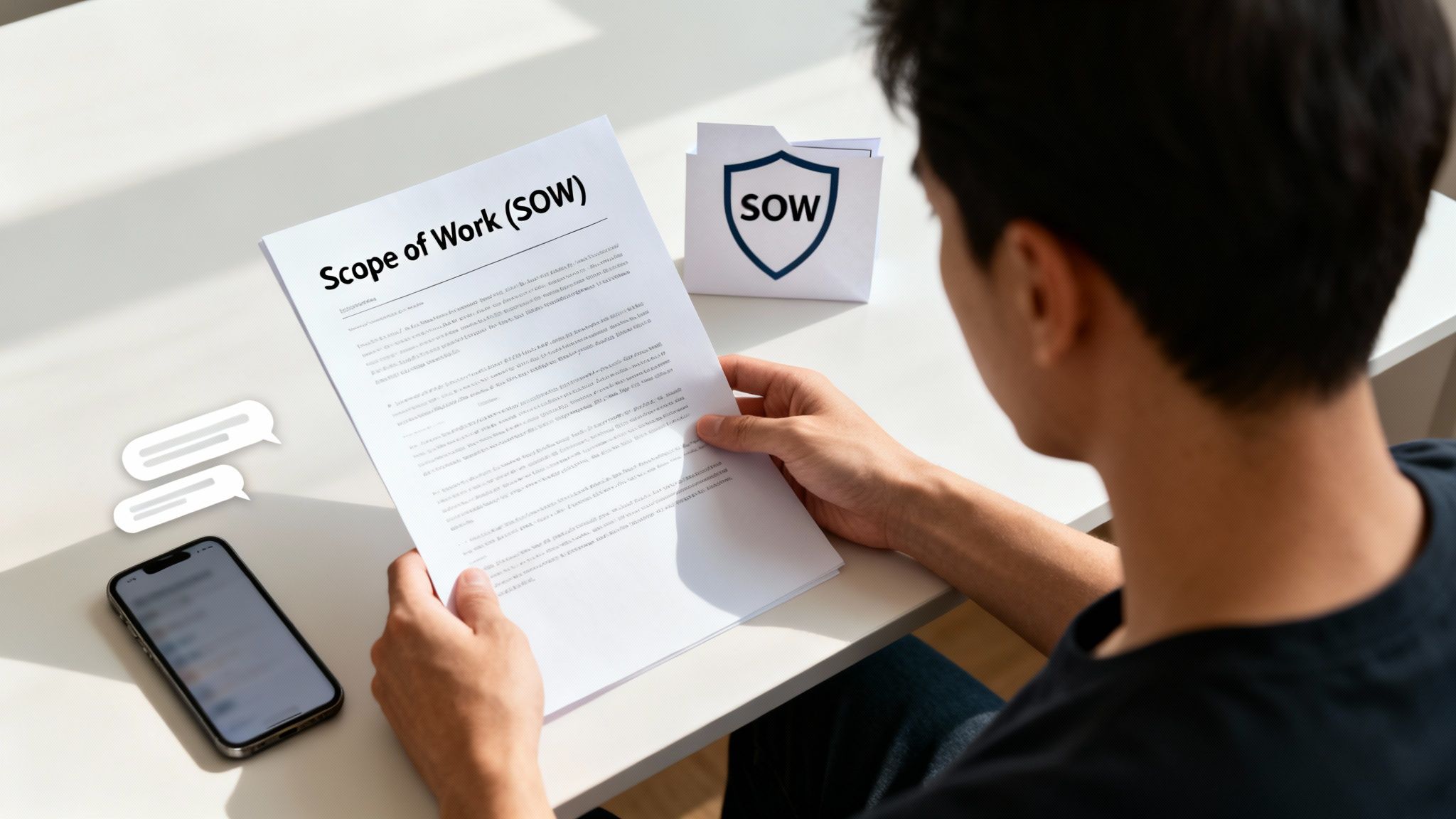 A person intently reviews a 'Scope of Work (SOW)' document at a desk, with a smartphone nearby.
