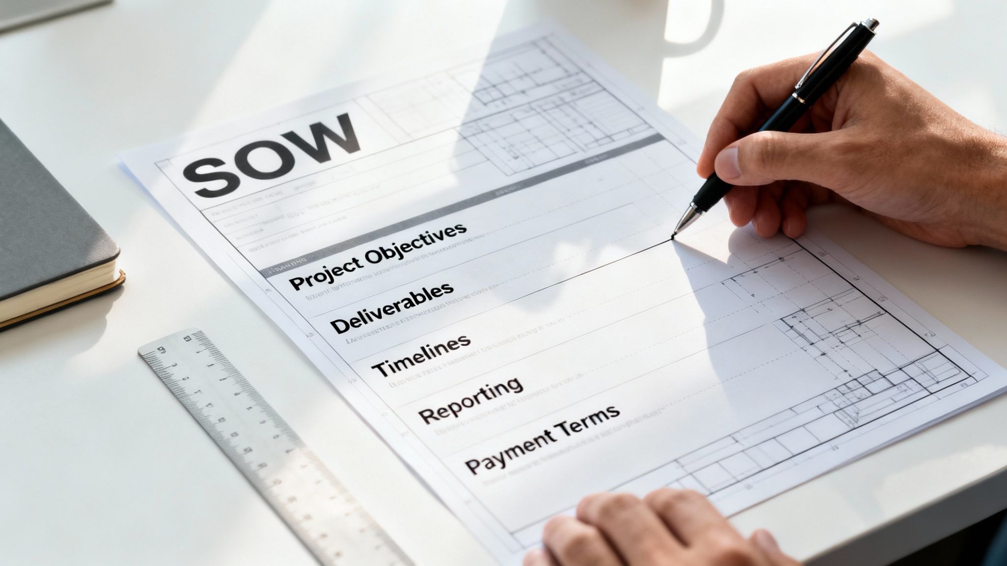 A person writes on a Scope of Work (SOW) document, outlining project objectives and deliverables.