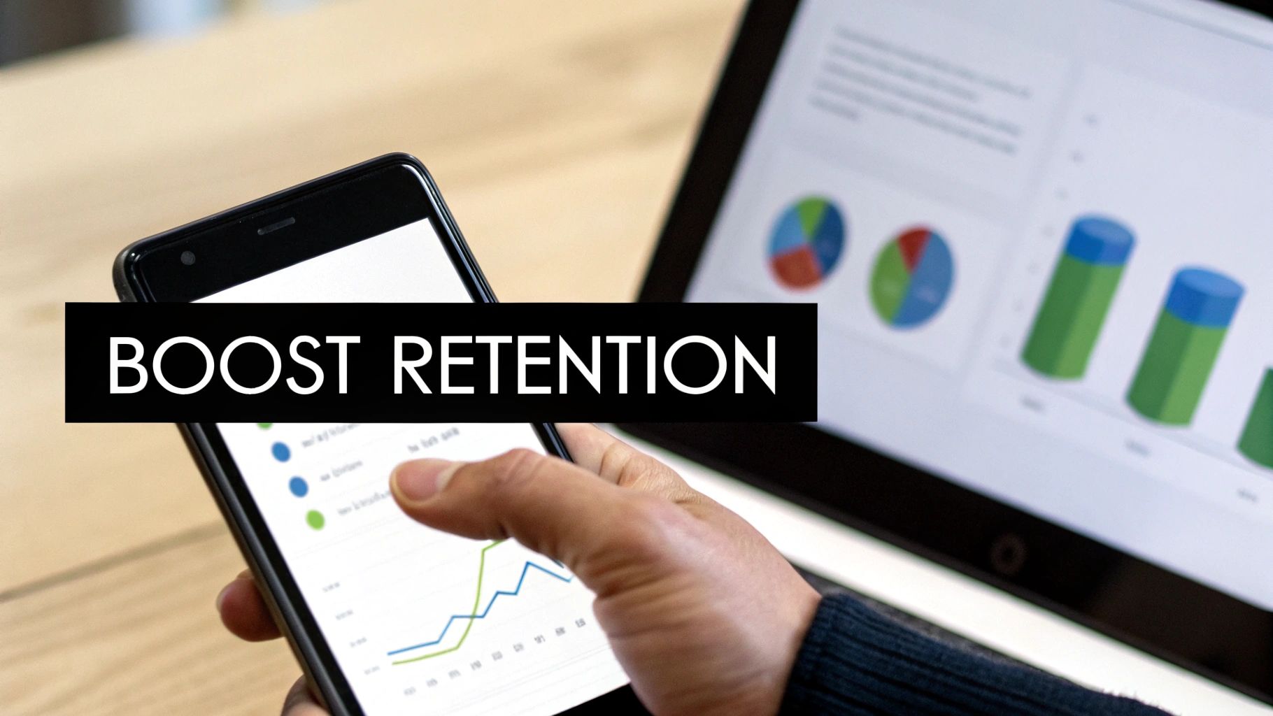 Hand holding a smartphone displaying retention data, with a laptop showing analytics, and 'Boost Retention' text.