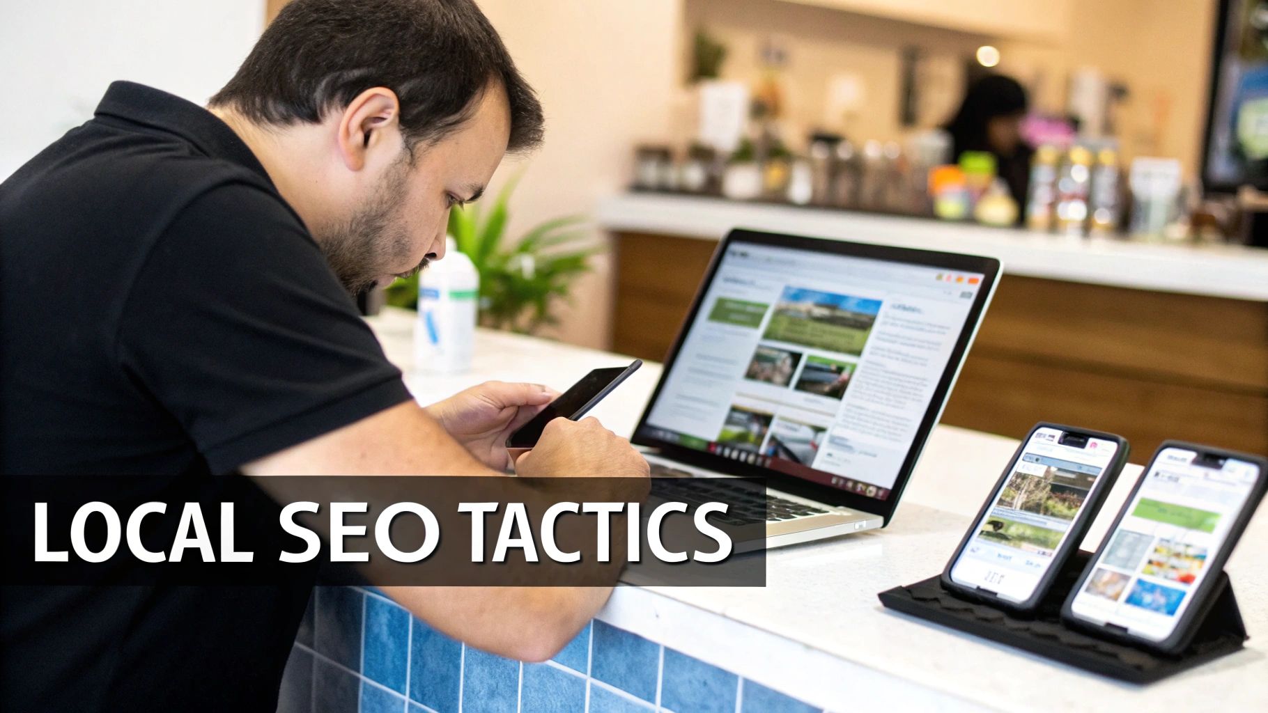 A person working on a laptop with charts and graphs in the background, representing putting an SEO strategy into action.