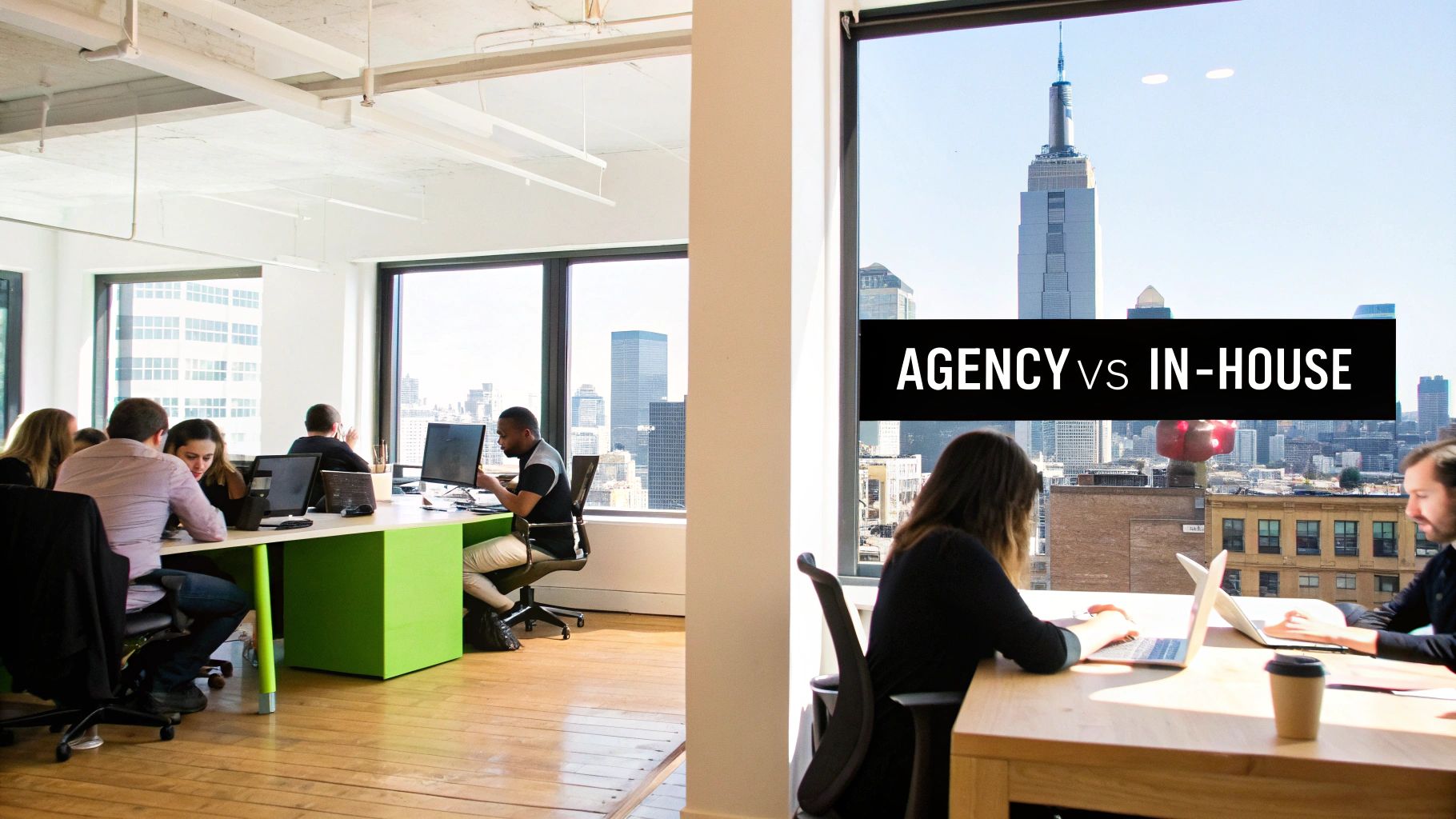 Modern office scene comparing agency vs in-house marketing with people working at desks.